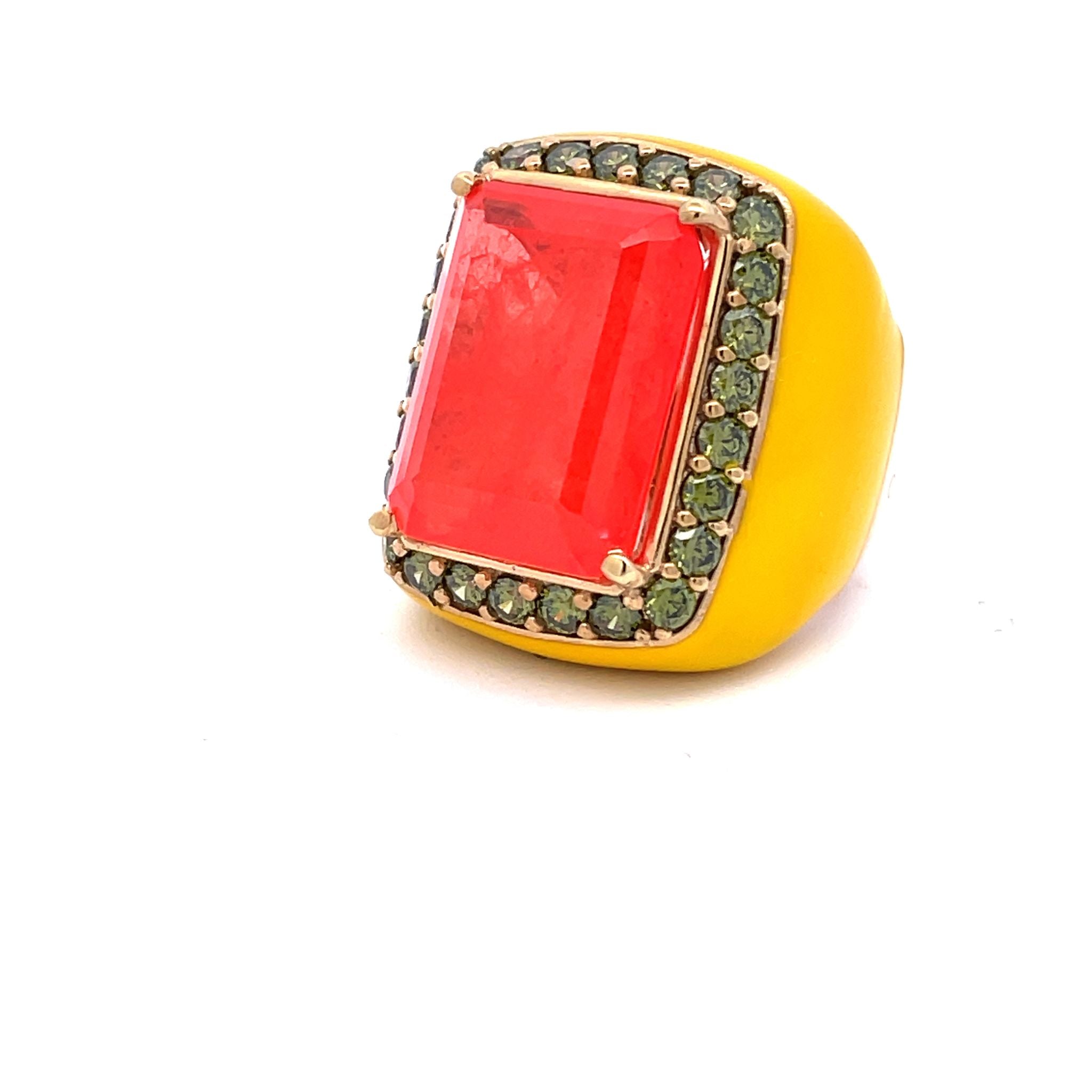 Yellow gold plated oversized statement ring with canary yellow enamel, large orange doublette center stone and peridot green zirconia halo — ANNICK by Giadan for Le.Paul Jewelgarden - sideview