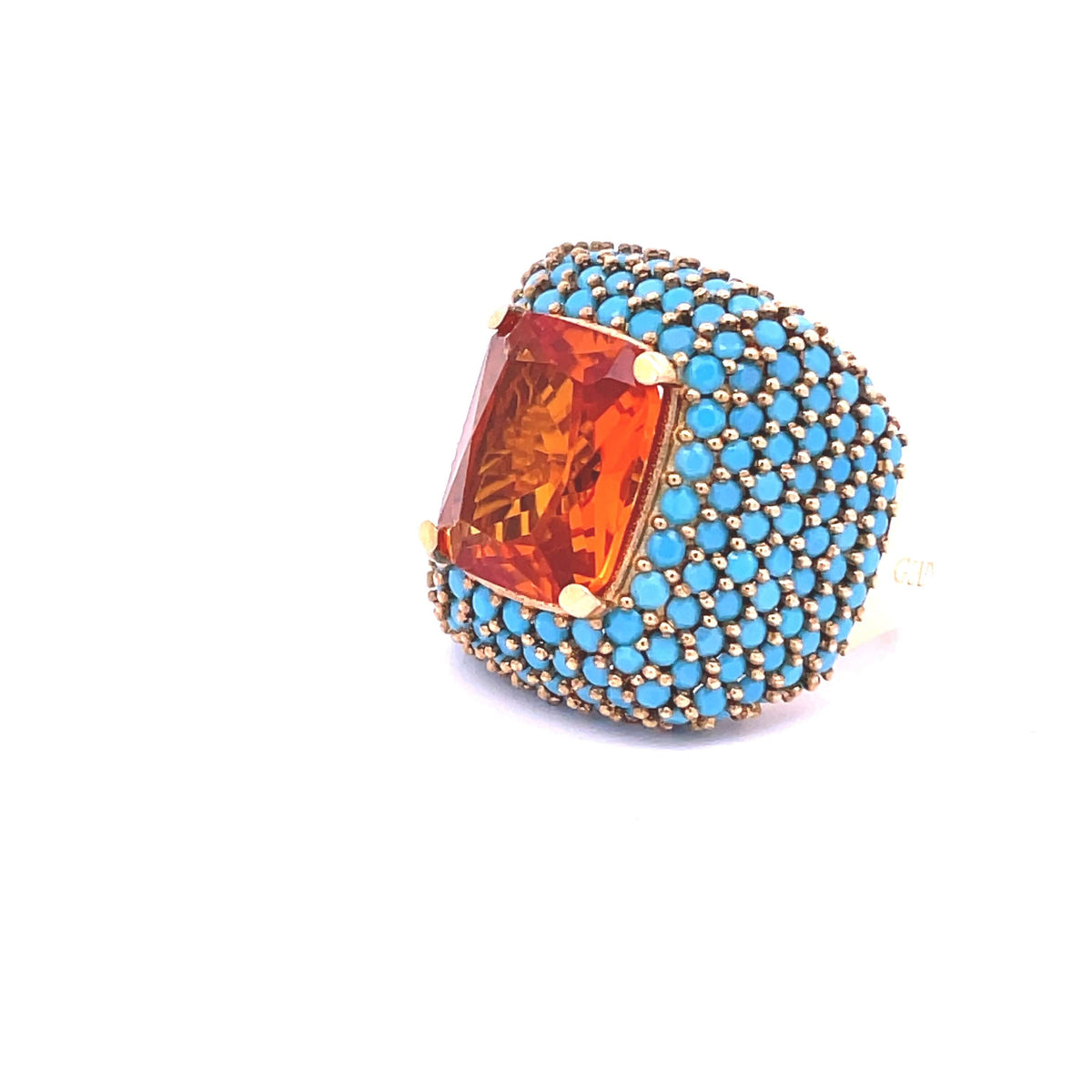 AFET yellow gold plated cocktail ring cocktail ring angled view showing 22mm width and stone detail.