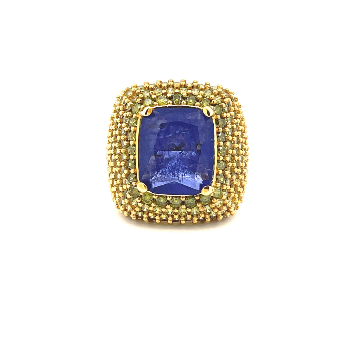 BLAKE green blue cocktail ring top view showing 18 x 12 mm center cubic zirconia and 18K yellow gold setting with peridot green side stones.