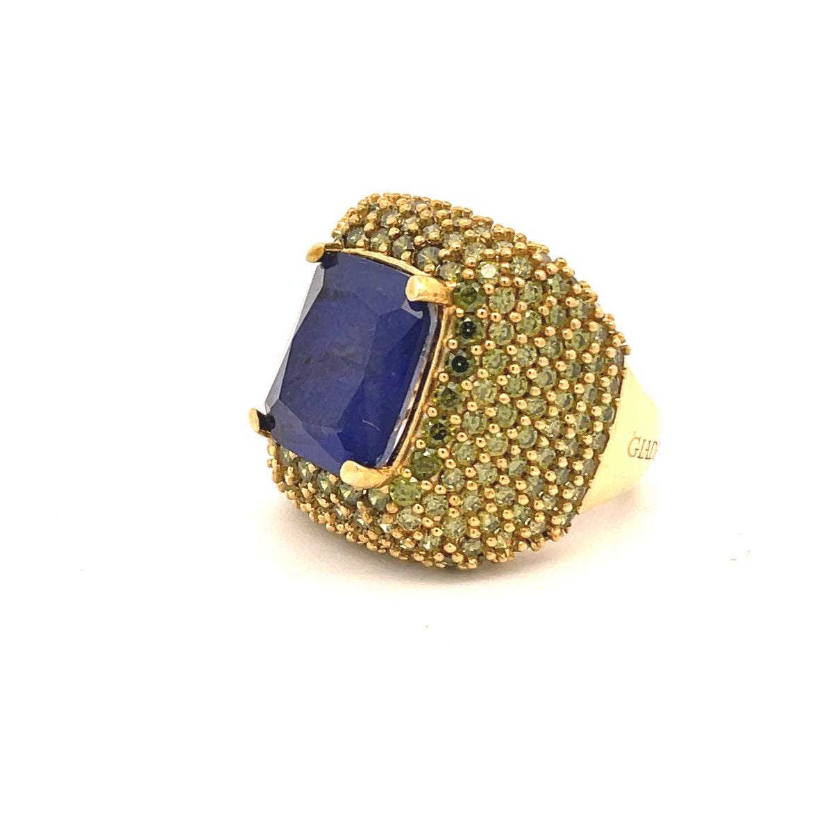 BLAKE cocktail ring angled view showing 22mm width and dark blue zirconia crown detail