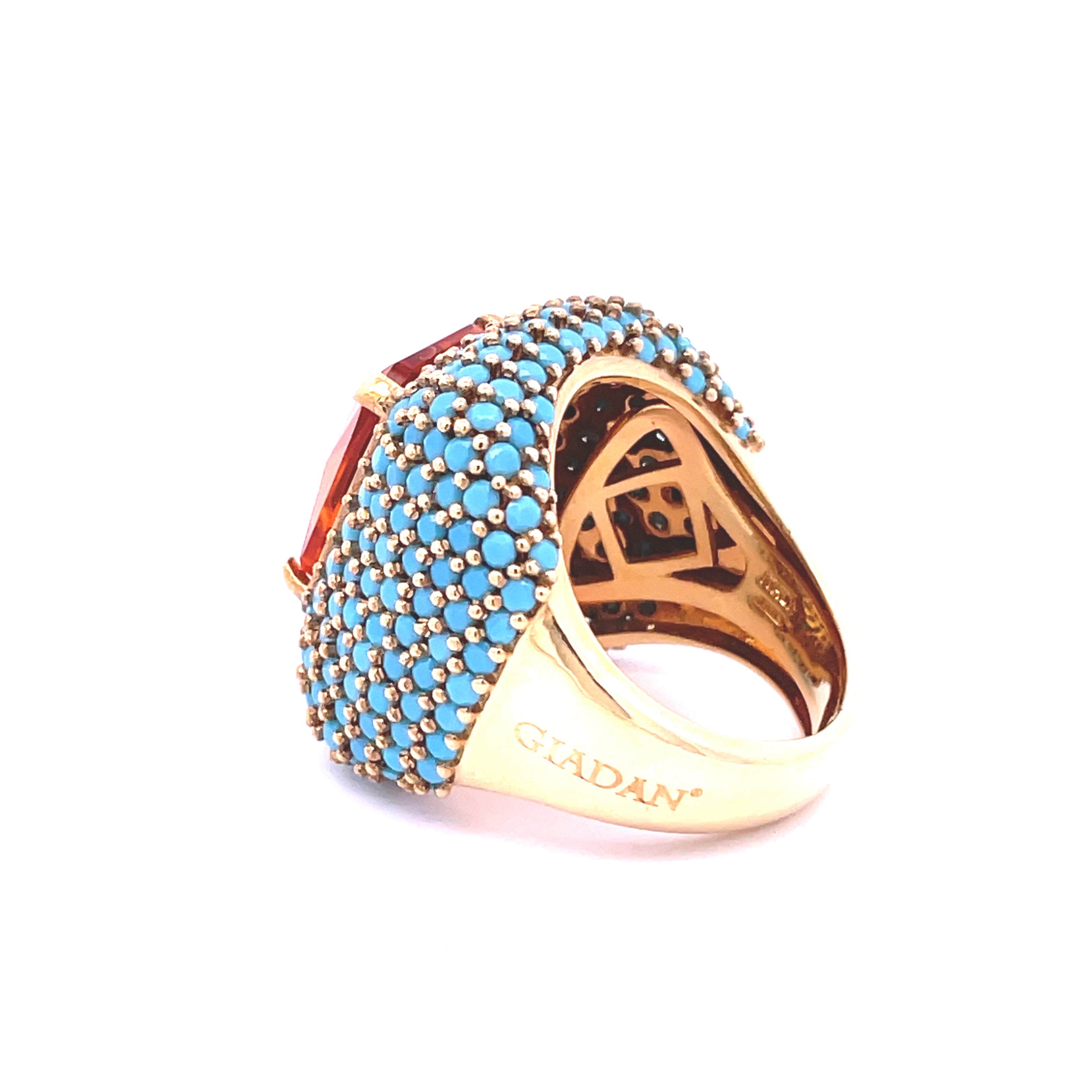 AFET yellow gold plated cocktail ring with yellow central stone and turquoise surrounding stones, showing band thickness and Italian craftsmanship