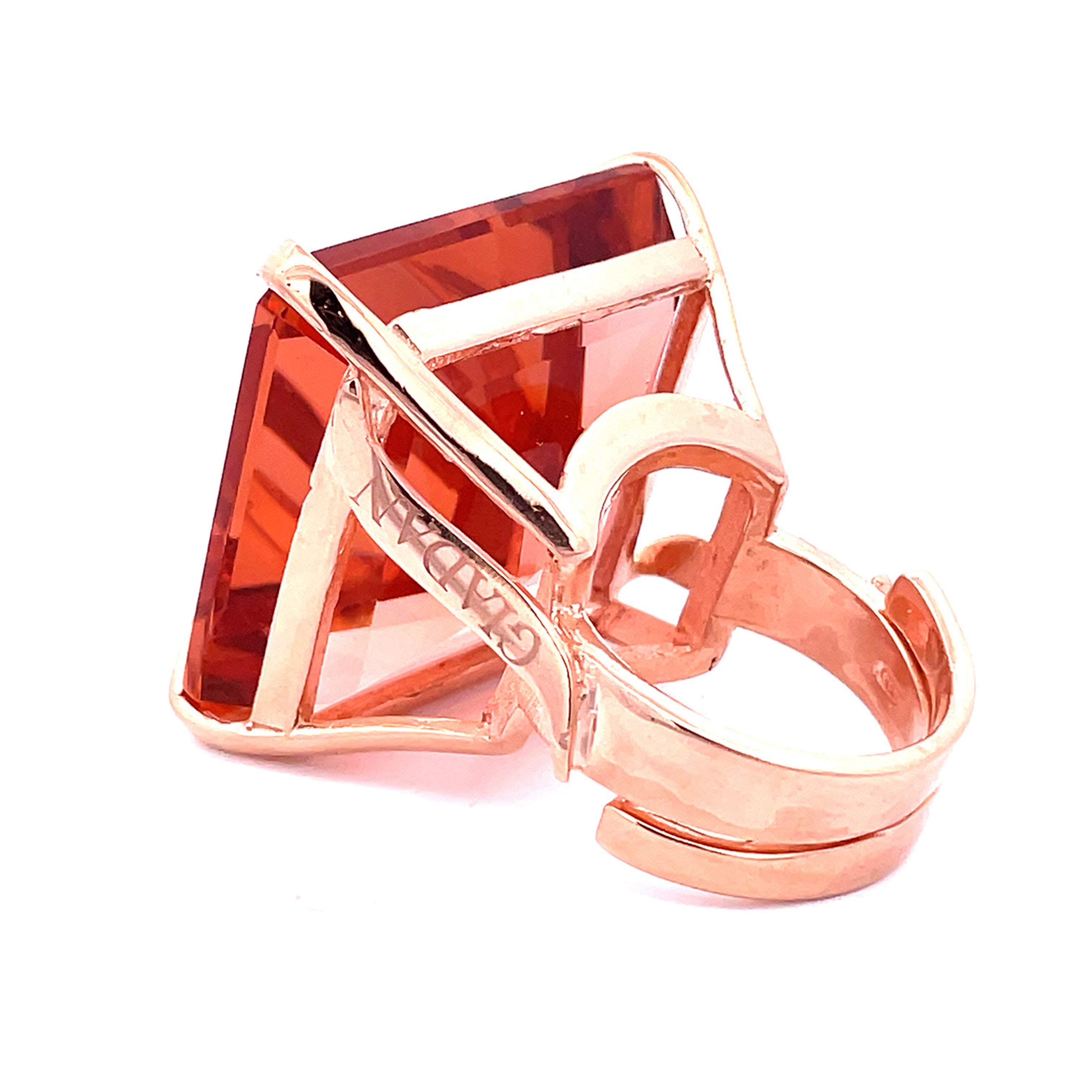 Back view of rose gold plated XL statement ring with large deep topaz yellow zirconia in open architectural frame — NARCISA DEEP TOPAZ YELLOW by Giadan for Le.Paul Jewelgarden