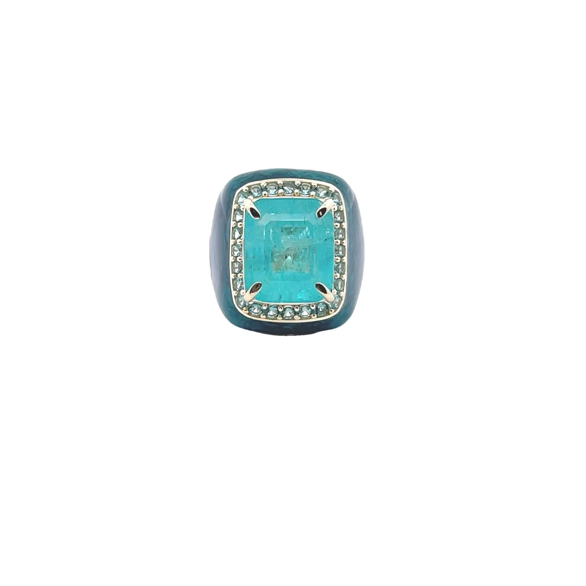 Green marbed enamel ring with turquoise center stone, gold plated on sterling silver