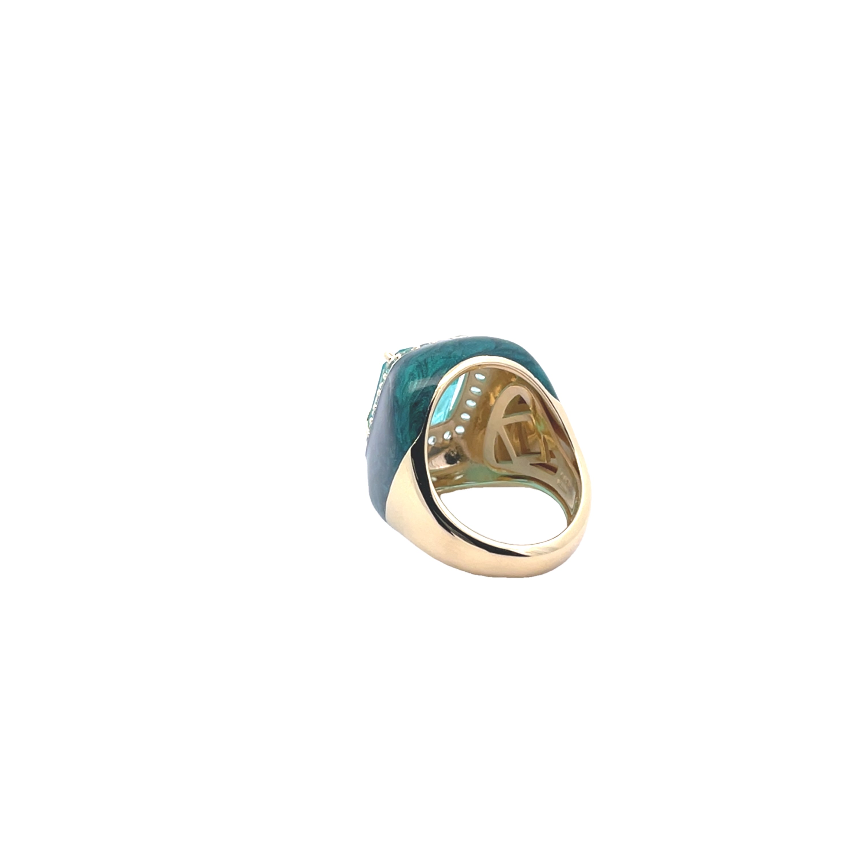 Green marbled enamel ring with turquoise center stone, gold plated sterling silver - back view with size-adjusting system