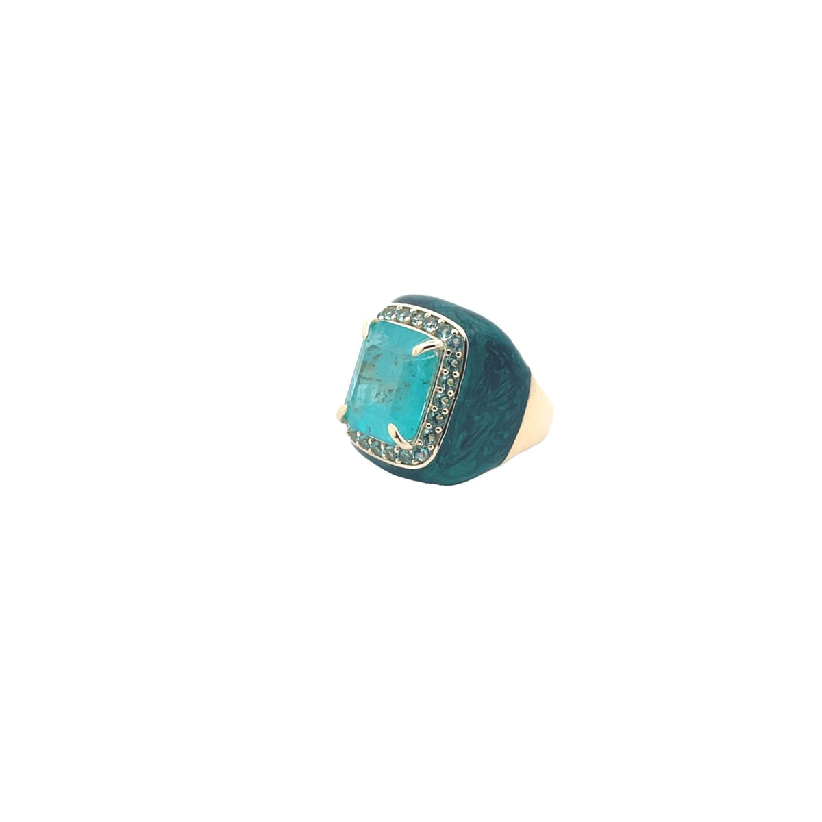 Green marbled enamel ring with turquoise center stone, gold plated sterling silver - side view