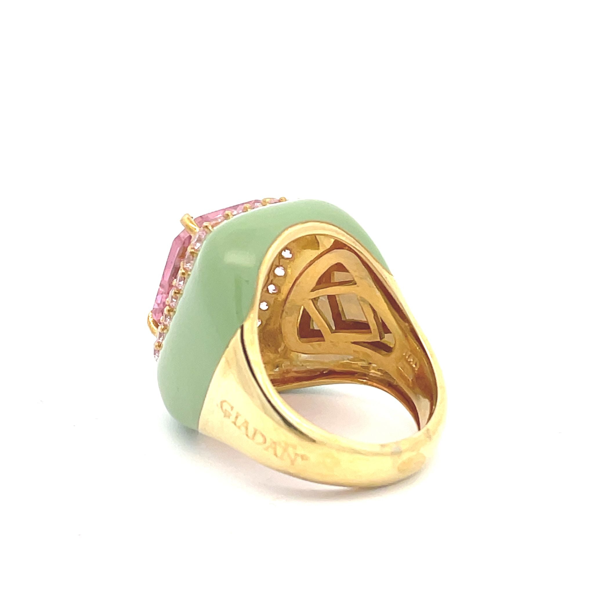 Yellow gold plated statement ring with pastel green enamel, pink zirconia center stone and pink pavé zirconias seen from the back.