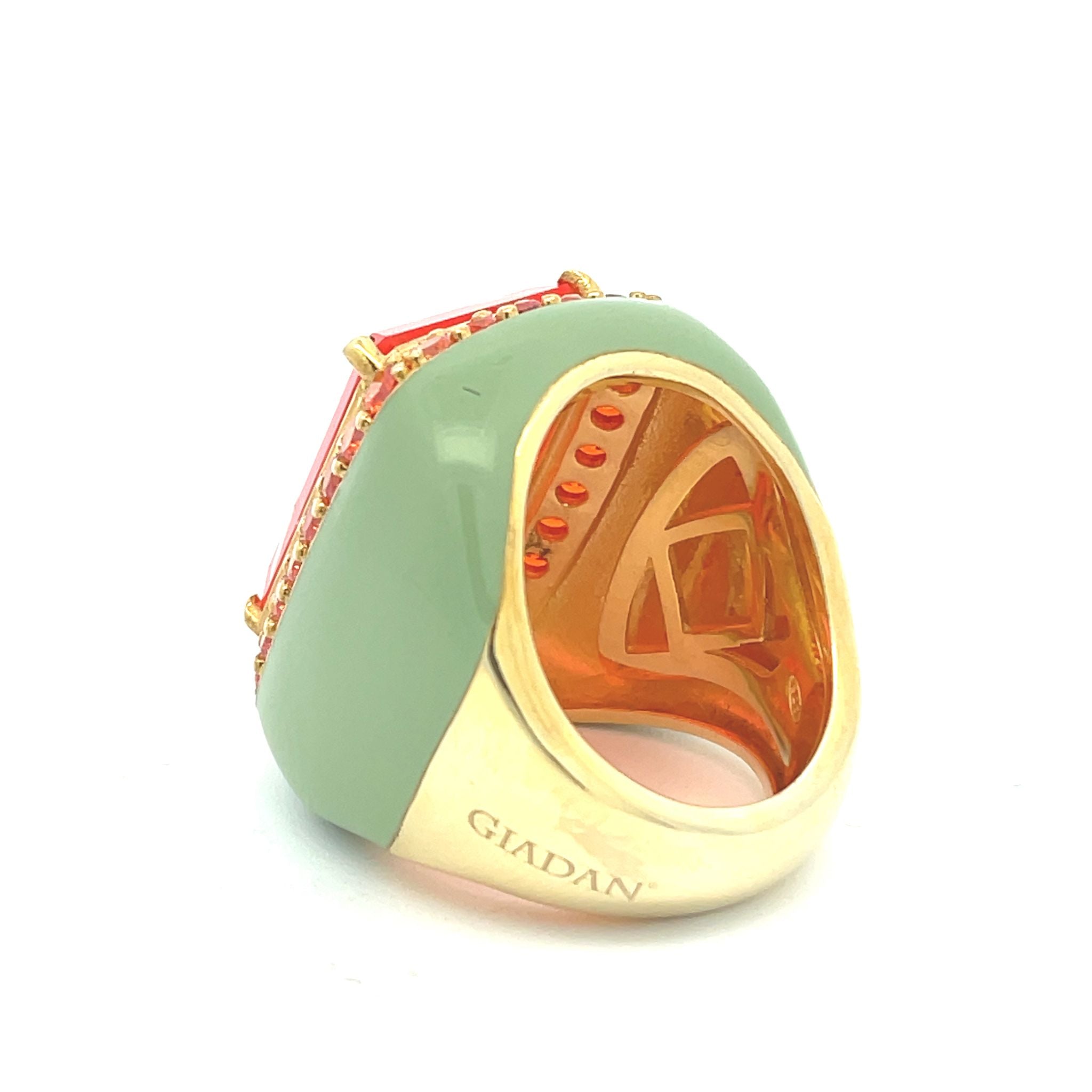 Backview of FREDDY - Yellow gold plated oversized statement ring with pastel green enamel, large orange doublette center stone and orange zirconia halo - by Giadan for Le.Paul Jewelgarden
