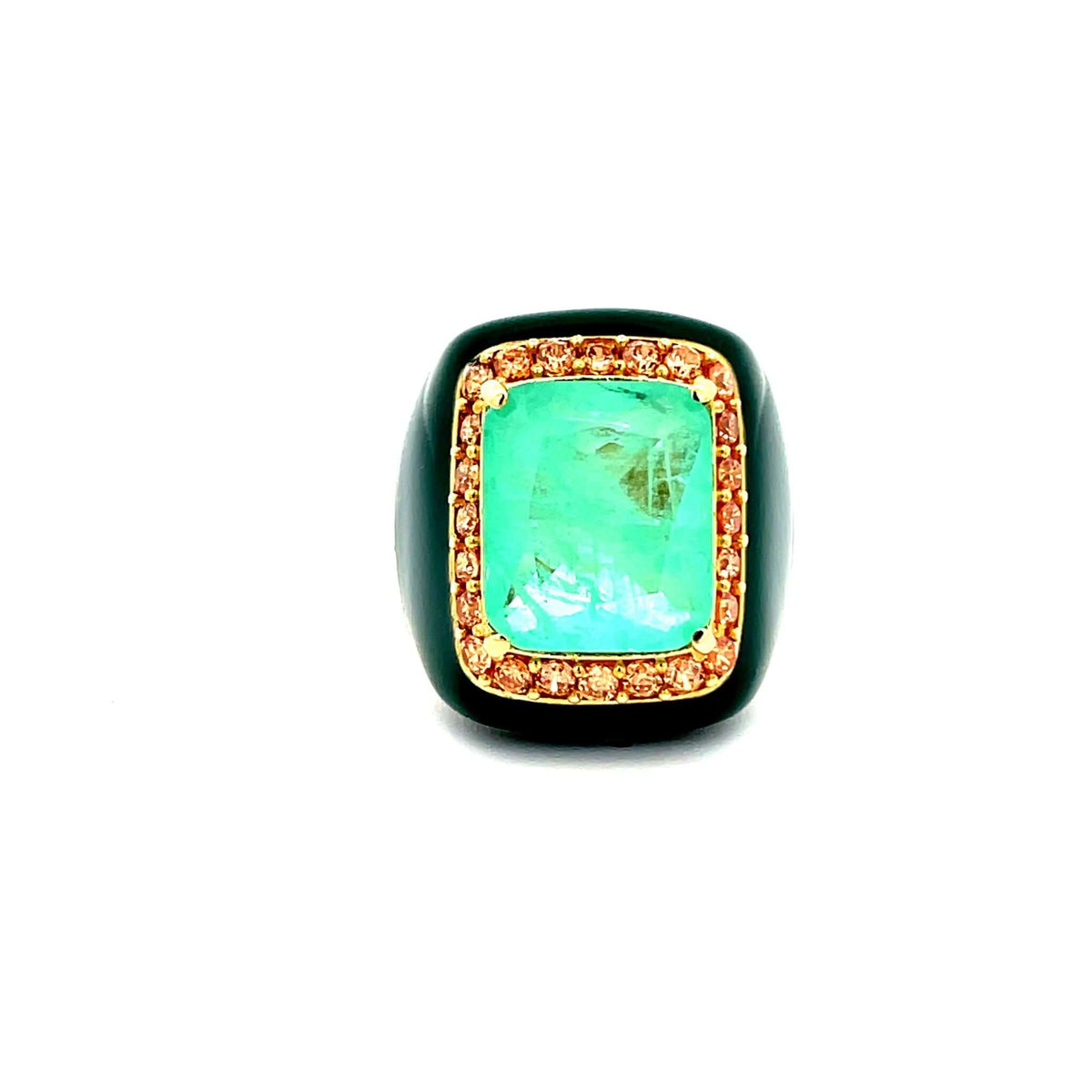 AMELIA statement ring, dark green enamel band with aquamarine green center stone and champagne pavé halo, top view