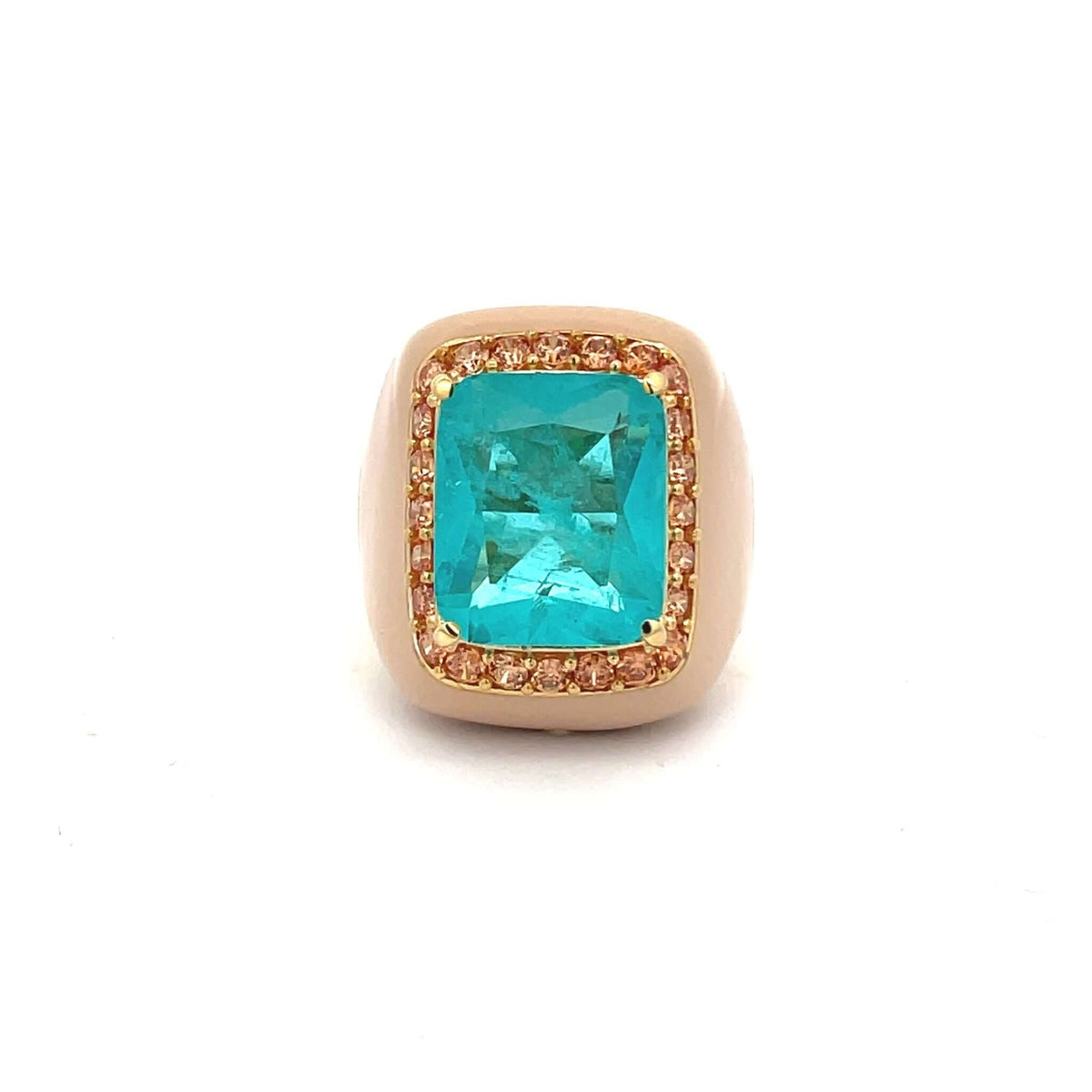 SUZETTE statement ring, taupe enamel band with large aquamarine blue center stone surrounded by champagne pavé zirconias halo, top view