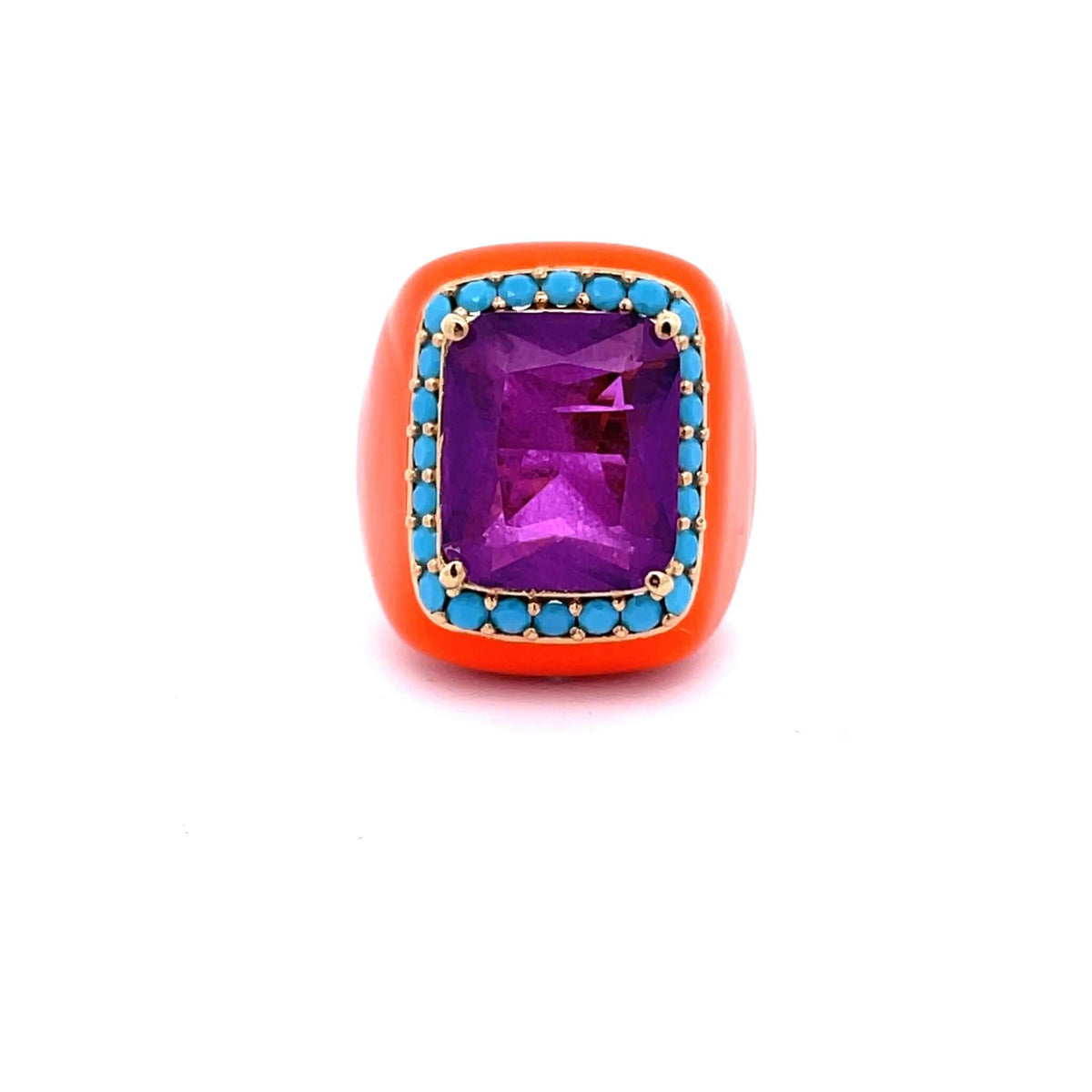 MAXIMA statement ring, orange enamel band with amethyst purple center stone and turquoise zirconia halo, top view
