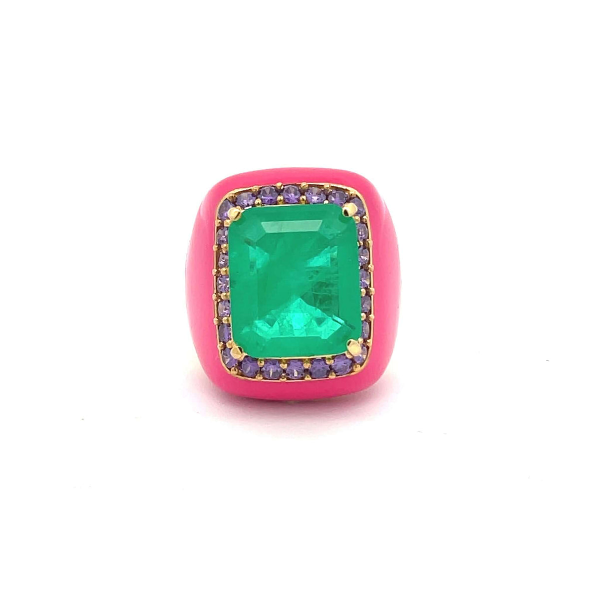 CLEMENTINE statement ring, fuchsia pink enamel band with emerald green center stone, top view