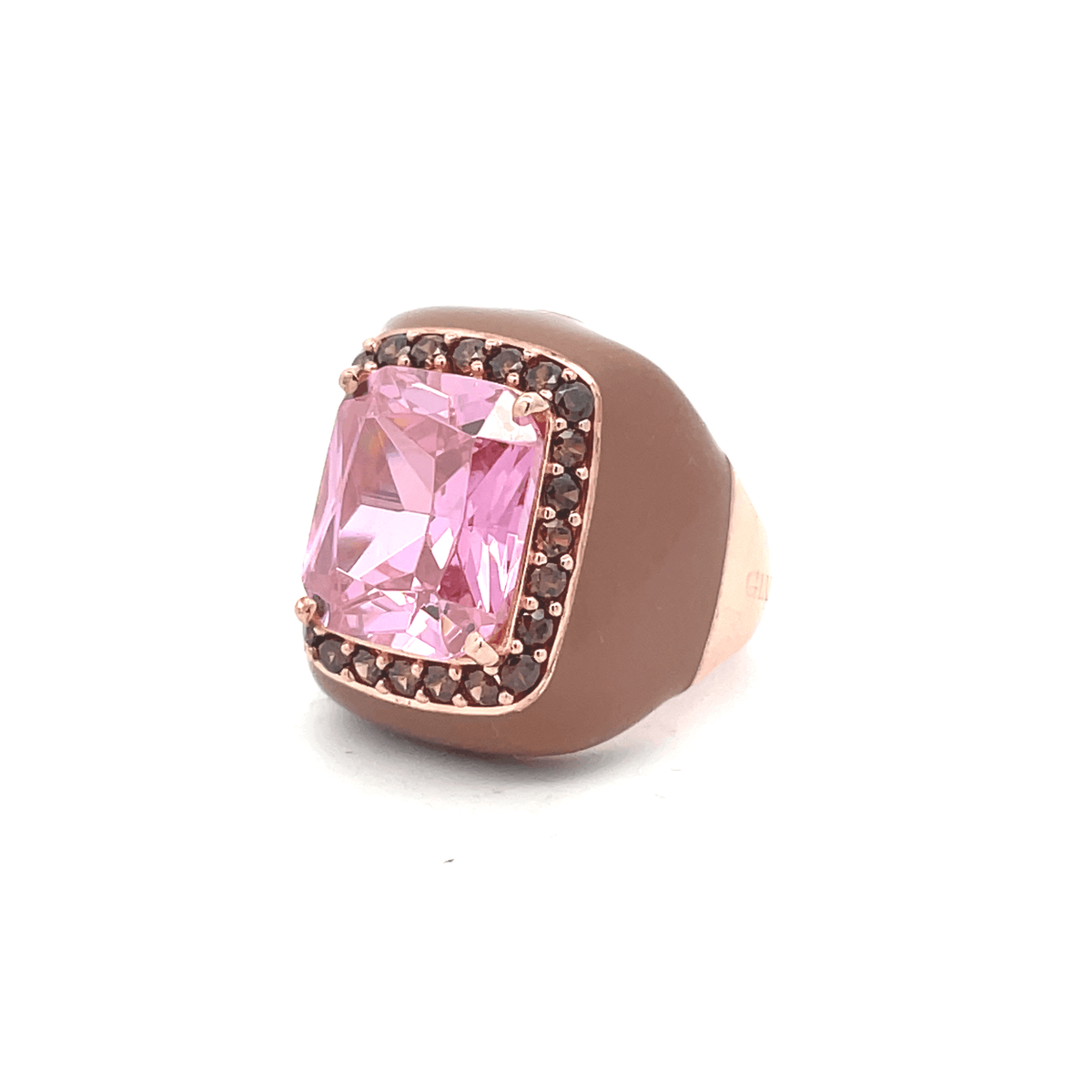 MICHELLE statement ring, with taupe enamel band, light pink center stone and brown zirconia halo, angled view. GIADAN for Le.Paul Jewelgarden