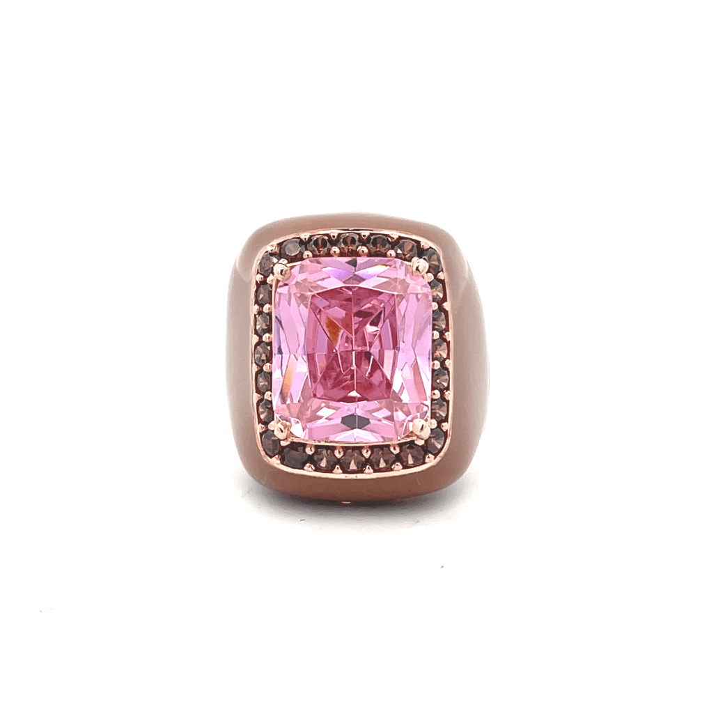 MICHELLE statement ring, with taupe enamel band, large pink center stone and brown zirconia pavé halo, viewed from top. GIADAN for Le.Paul Jewelgarden