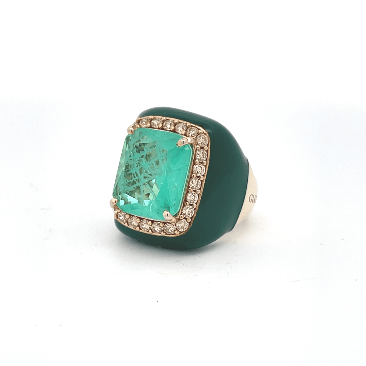 CLAIRE statement ring, dark green enamel band with aquamarine green center stone and champagne pavé halo, angled view showing GIADAN stamp