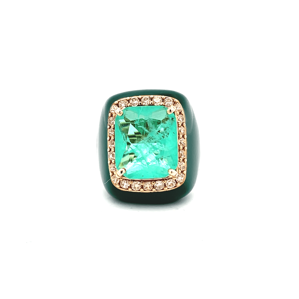 CLAIRE statement ring, dark green enamel band with aqua green center stone and champagne pavé halo, top view. Yellow gold plated. GIADAN for Le.Paul Jewelgarden