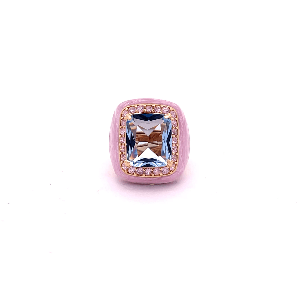 JULIA statement ring, pink marbled enamel band with light blue center stone and pink pavé zirconia halo, top view. GIADAN for Le.Paul Jewelgarden