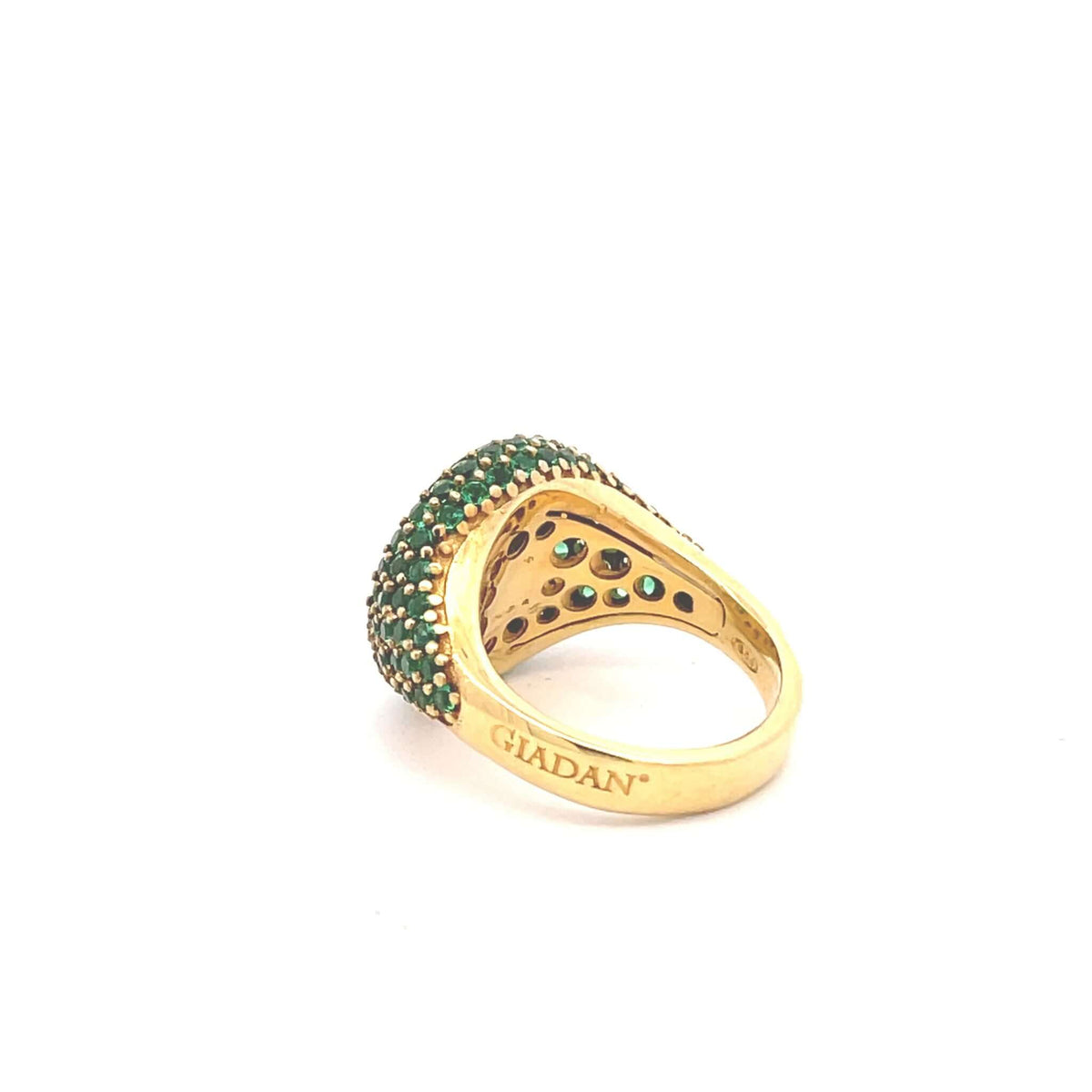 Back view of GRACE - GREEN by Giadan, yellow gold plated pavé pinky ring with green zirconias