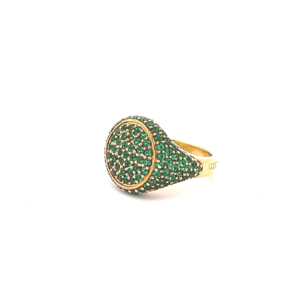 GRACE GREEN pavé pinky ring, side view showing green zirconias and gold plated band