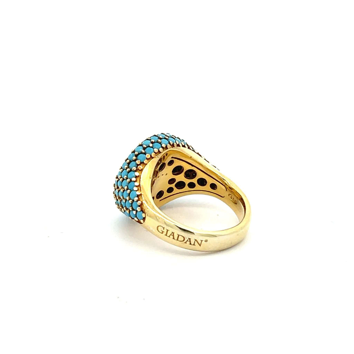 Back view of GRACE - TURQUOISE by Giadan, yellow gold plated pavé pinky ring with turquoise zirconias