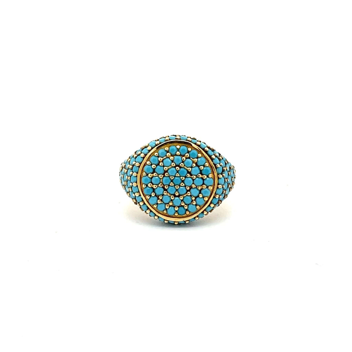GRACE TURQUOISE pavé pinky ring, turquoise blue zirconias, yellow gold plated, top view. GIADAN for Le.Paul Jewelgarden