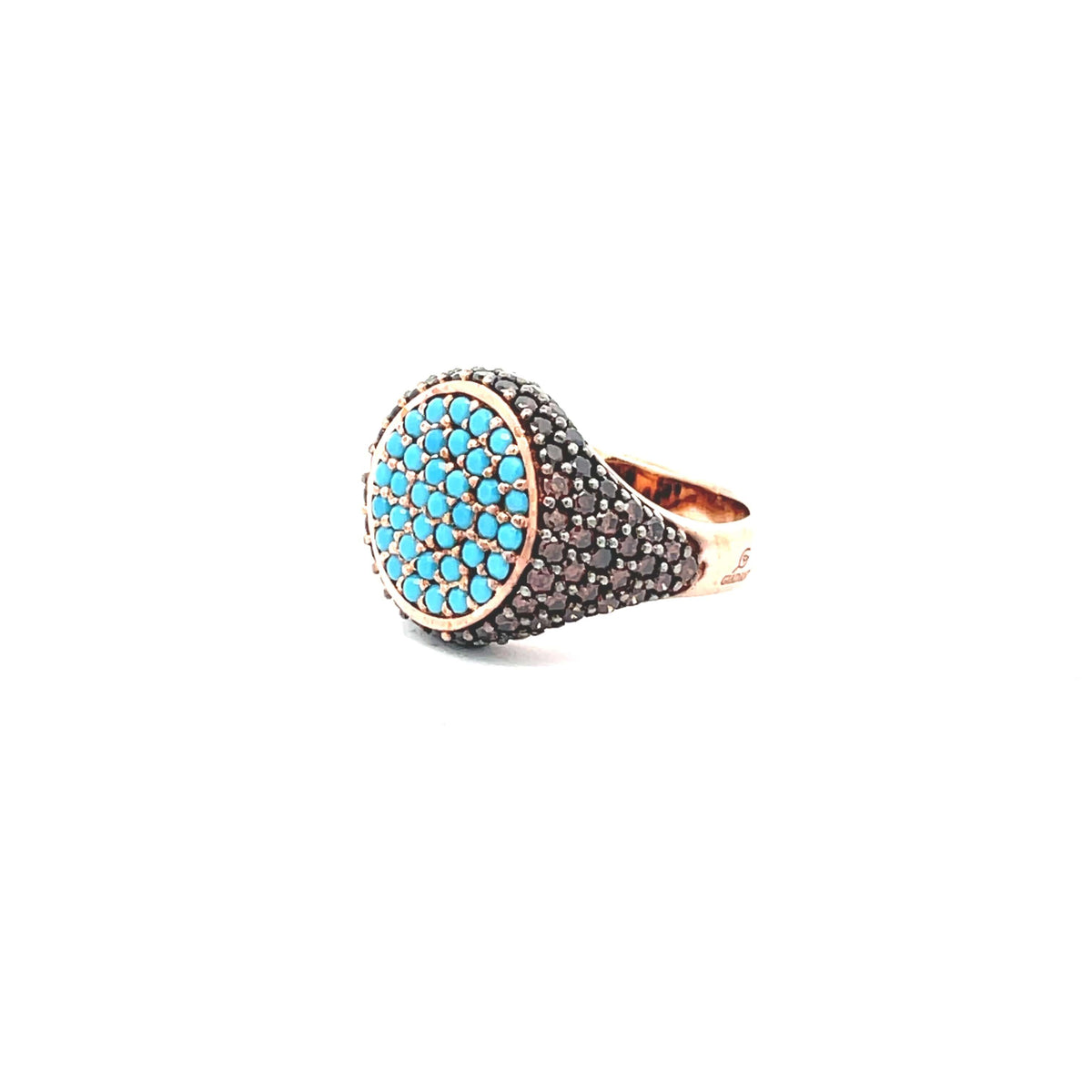 Side view of rose gold plated pavé pinky ring with turquoise top and brown side zirconias — GRACE - TOP TURQUOISE by Giadan for Le.Paul Jewelgarden