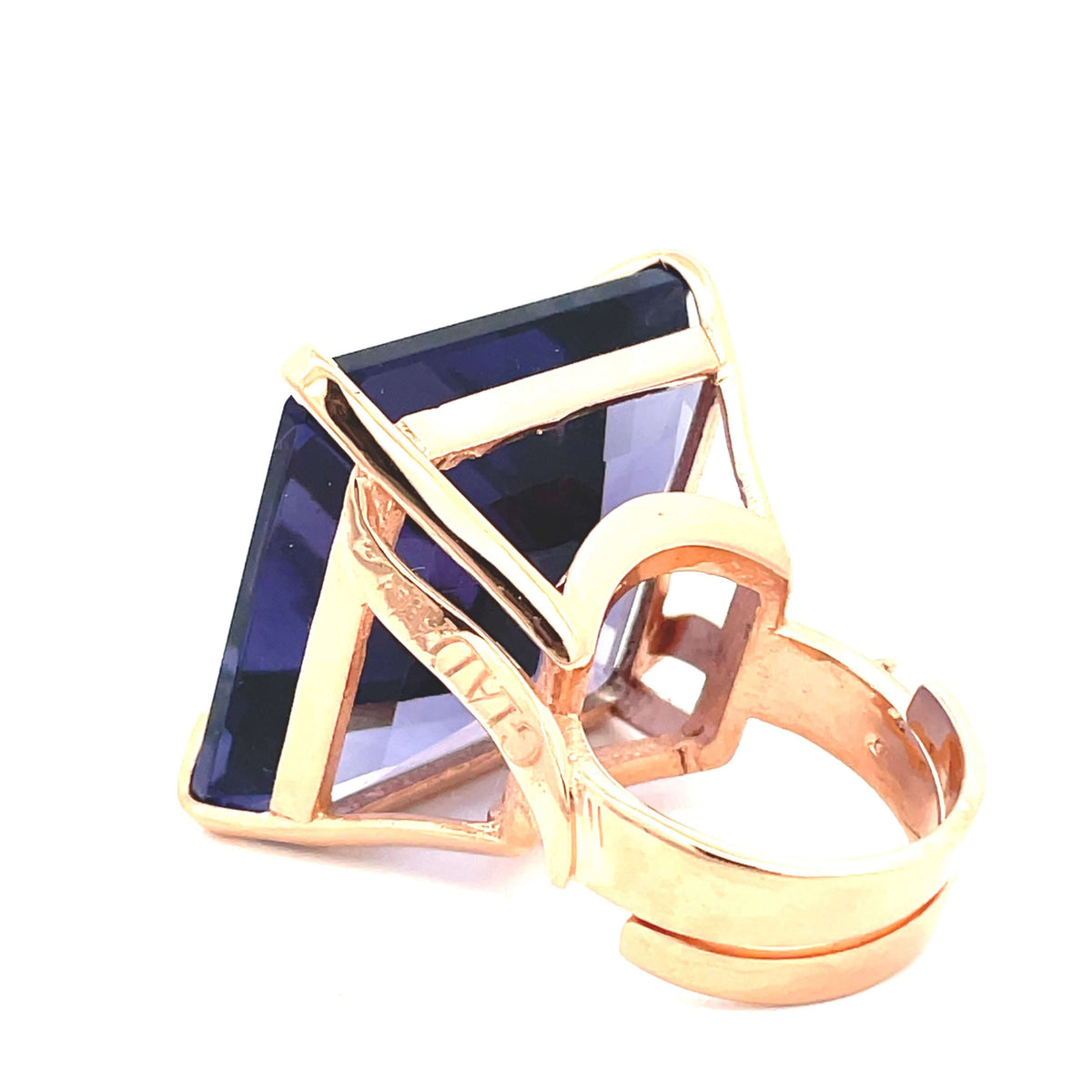 NARCISA statement ring, amethyst purple XL zirconia, back view showing rose gold band