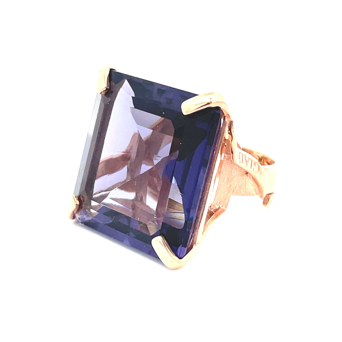 NARCISA statement ring, amethyst purple XL zirconia, side view showing domed rose gold band