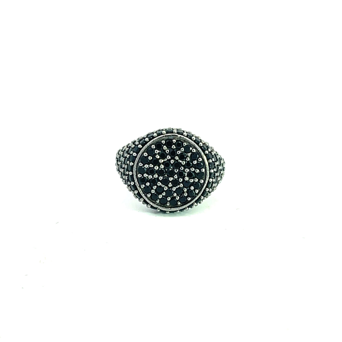 Black rhodium plated pavé pinky ring with black zirconias, top view — GRACE BLACK by Giadan for Le.Paul Jewelgarden
