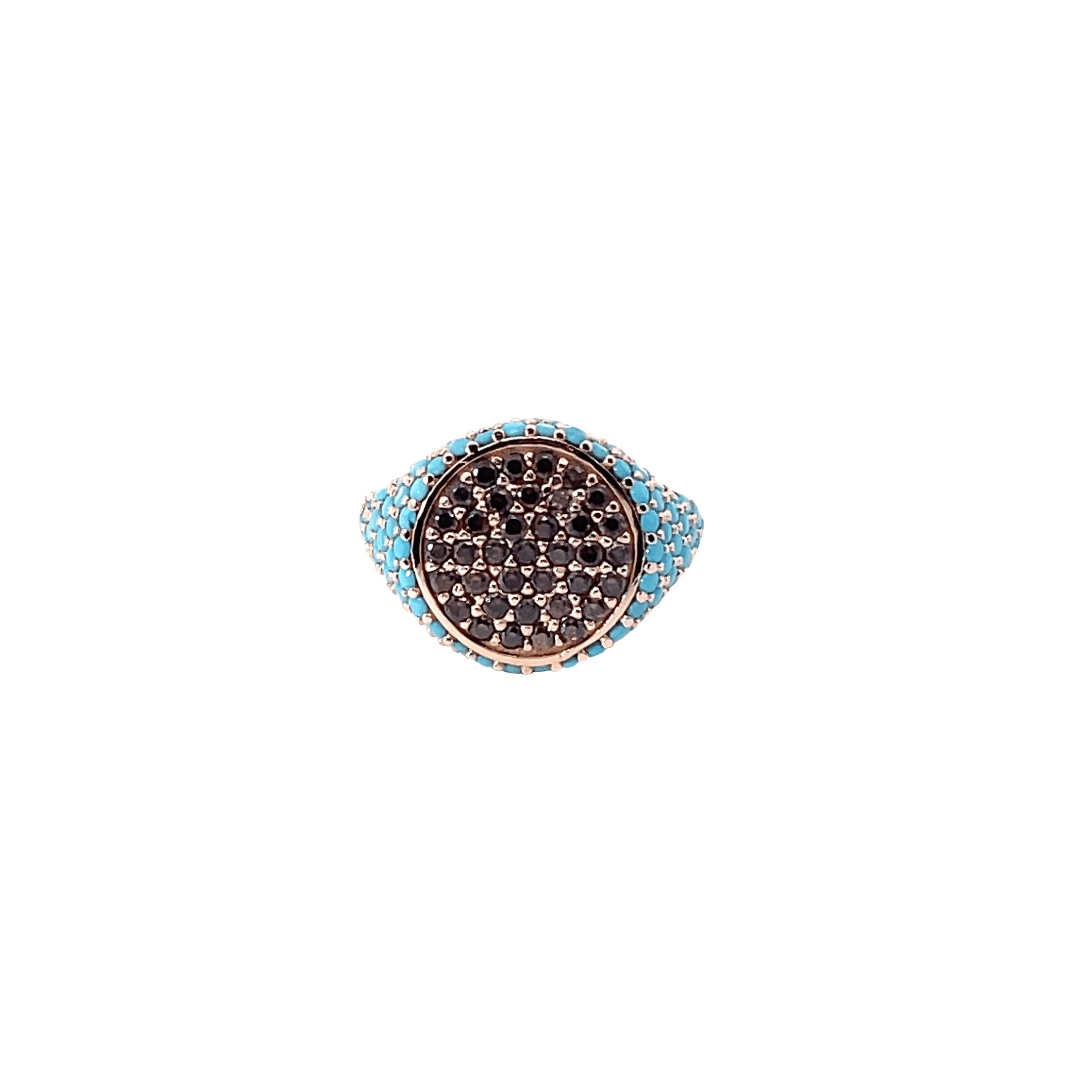Rose gold plated pavé pinky ring with dark blue top and turquoise side zirconias top view — GRACE TOP DARK BLUE by Giadan for Le.Paul Jewelgarden