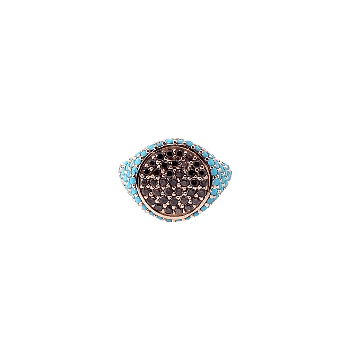 Rose gold plated pavé pinky ring with dark blue top and turquoise side zirconias top view — GRACE TOP DARK BLUE by Giadan for Le.Paul Jewelgarden