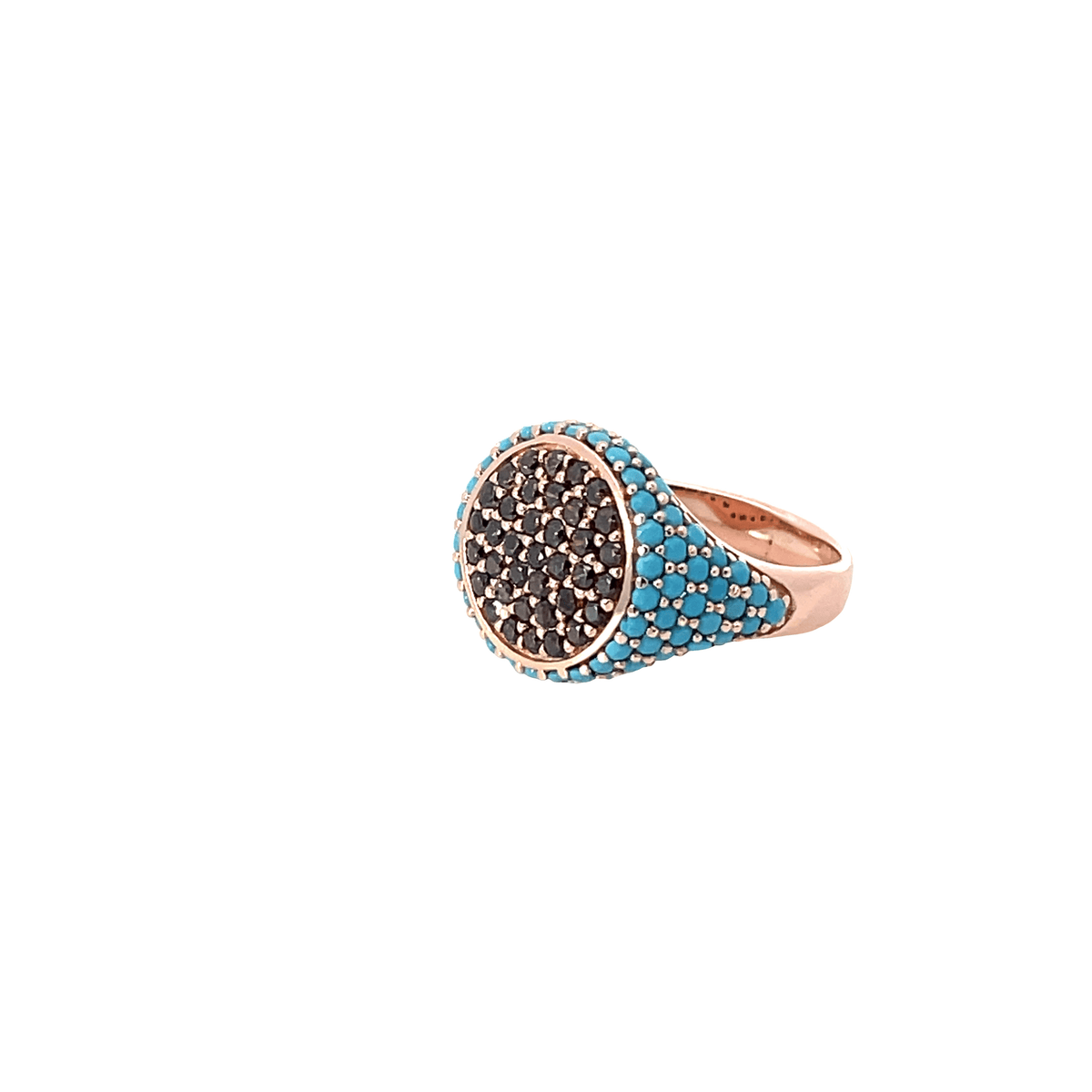 Side view of pinky ring with top dark blue zirconias and turquoise zirconias on the side - rose gold plated sterling silver
