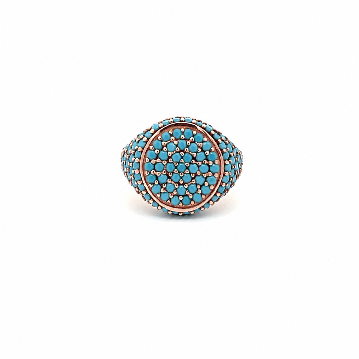 Rose gold plated pavé pinky ring with turquoise blue zirconias viewed from top — GRACE TURQUOISE ROSE by Giadan for Le.Paul Jewelgarden
