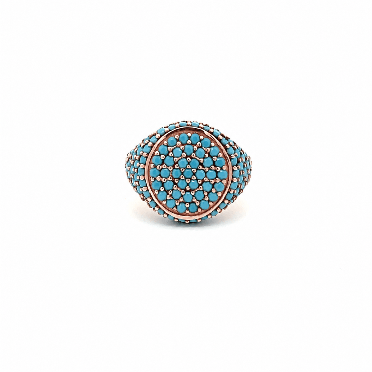 Rose gold plated pavé pinky ring with turquoise blue zirconias viewed from top — GRACE TURQUOISE ROSE by Giadan for Le.Paul Jewelgarden