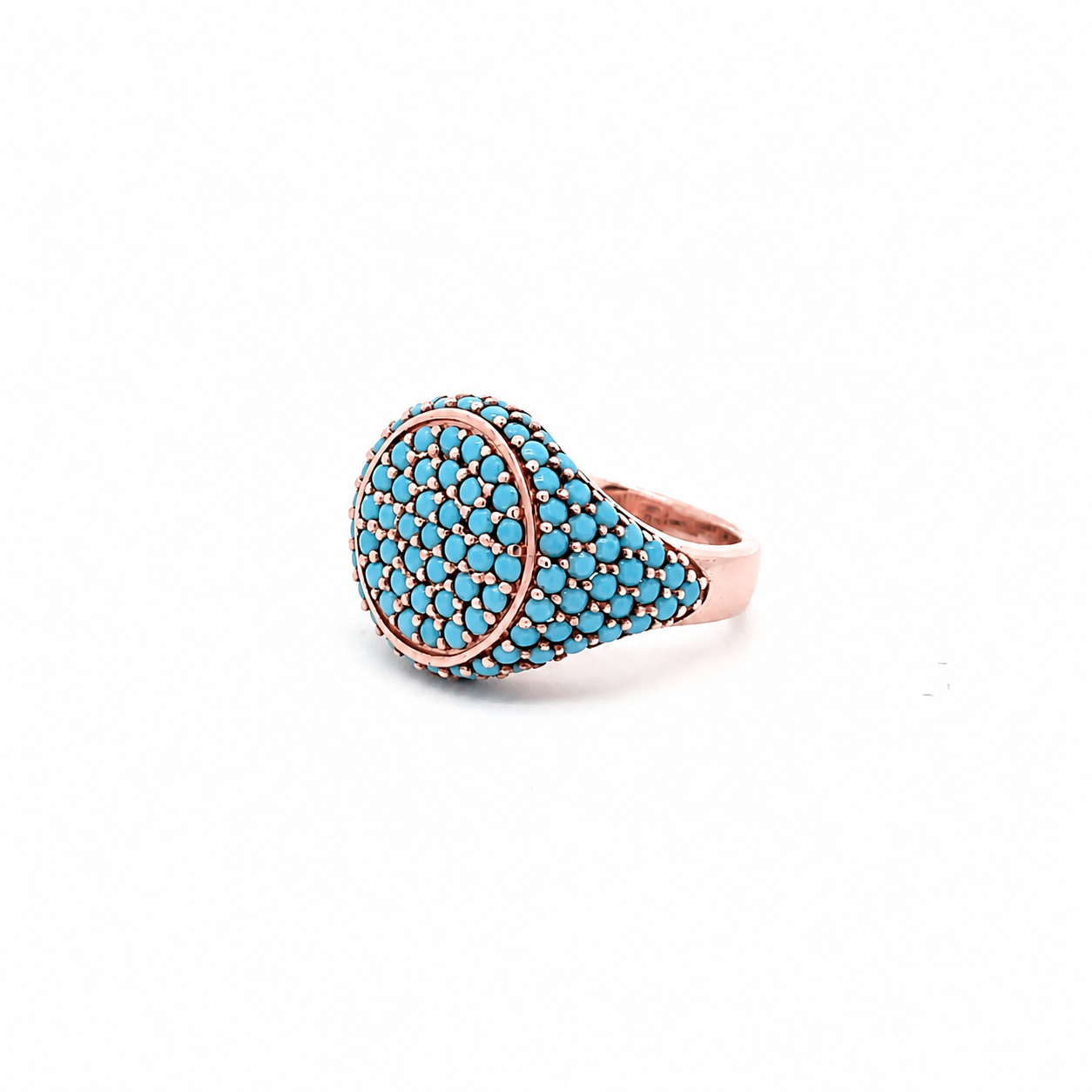Rose gold plated pavé pinky ring with turquoise zirconias viewed from the side — GRACE TURQUOISE ROSE by Giadan for Le.Paul Jewelgarden