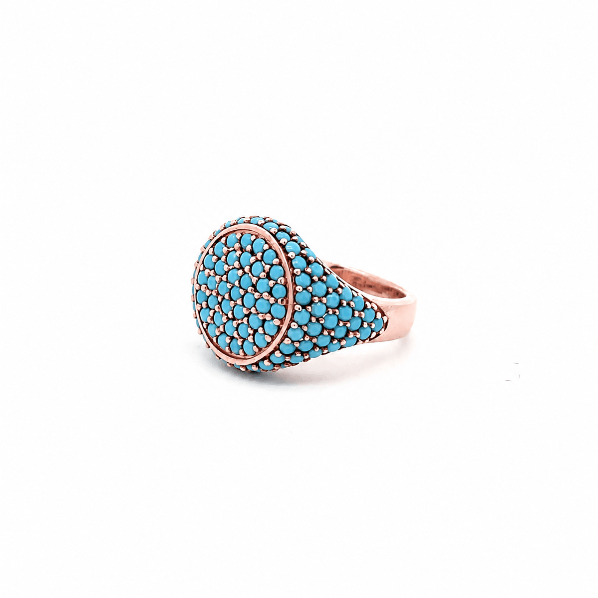 Rose gold plated pavé pinky ring with turquoise zirconias viewed from the side — GRACE TURQUOISE ROSE by Giadan for Le.Paul Jewelgarden