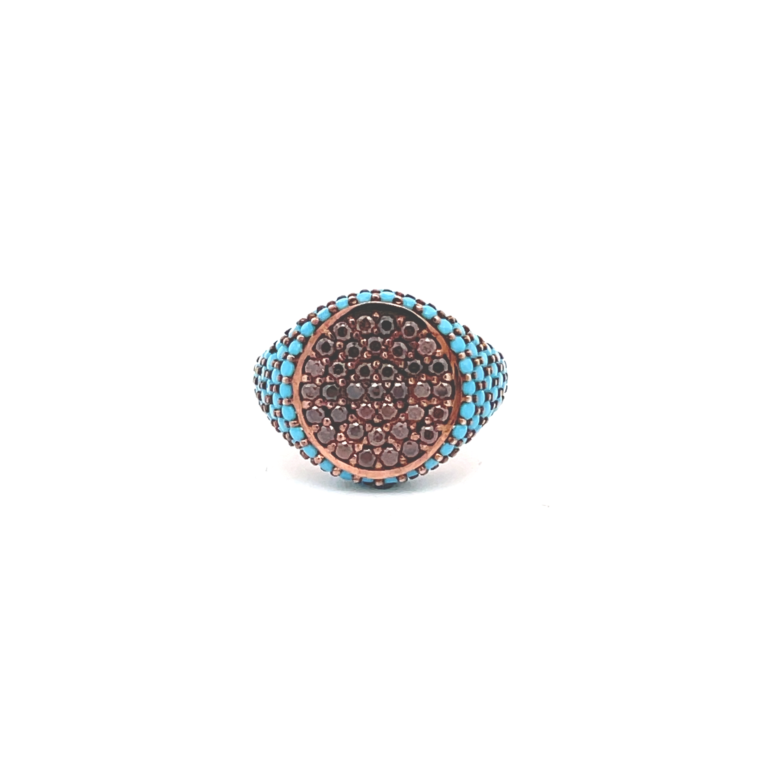 Top view of rose gold plated pavé pinky ring with brown top and turquoise side zirconias — GRACE AKA MELANIE by Giadan for Le.Paul Jewelgarden