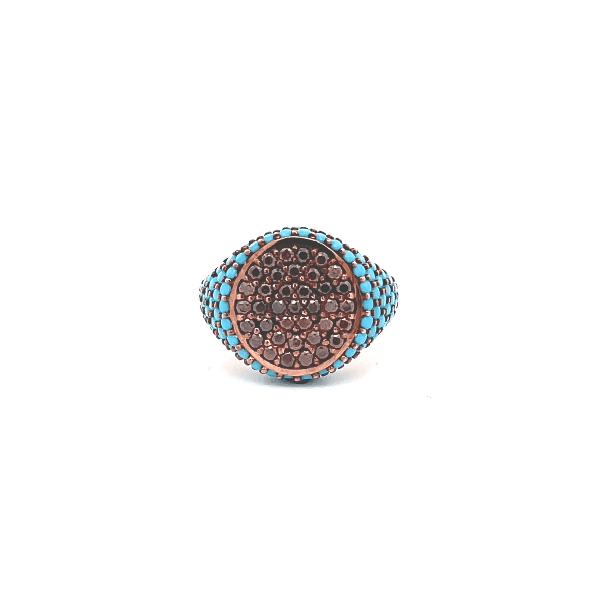 Top view of rose gold plated pavé pinky ring with brown top and turquoise side zirconias — GRACE AKA MELANIE by Giadan for Le.Paul Jewelgarden