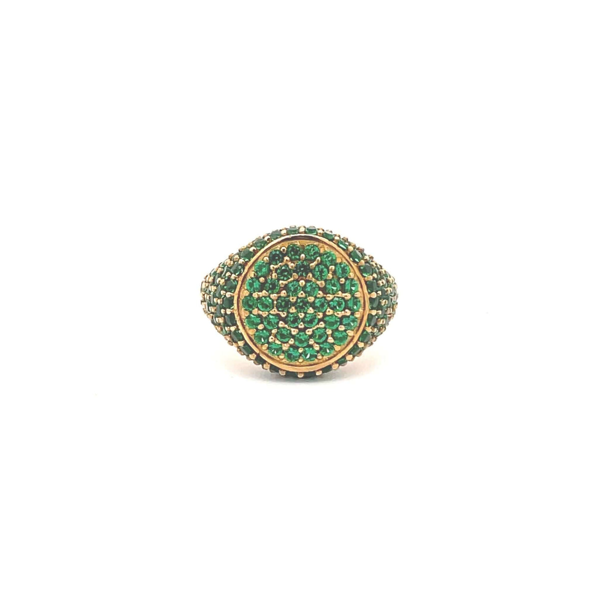 A yellow gold plated pinky ring with pavé set green zirconia on the top and sides PINKY PROMISE - Le.Paul.