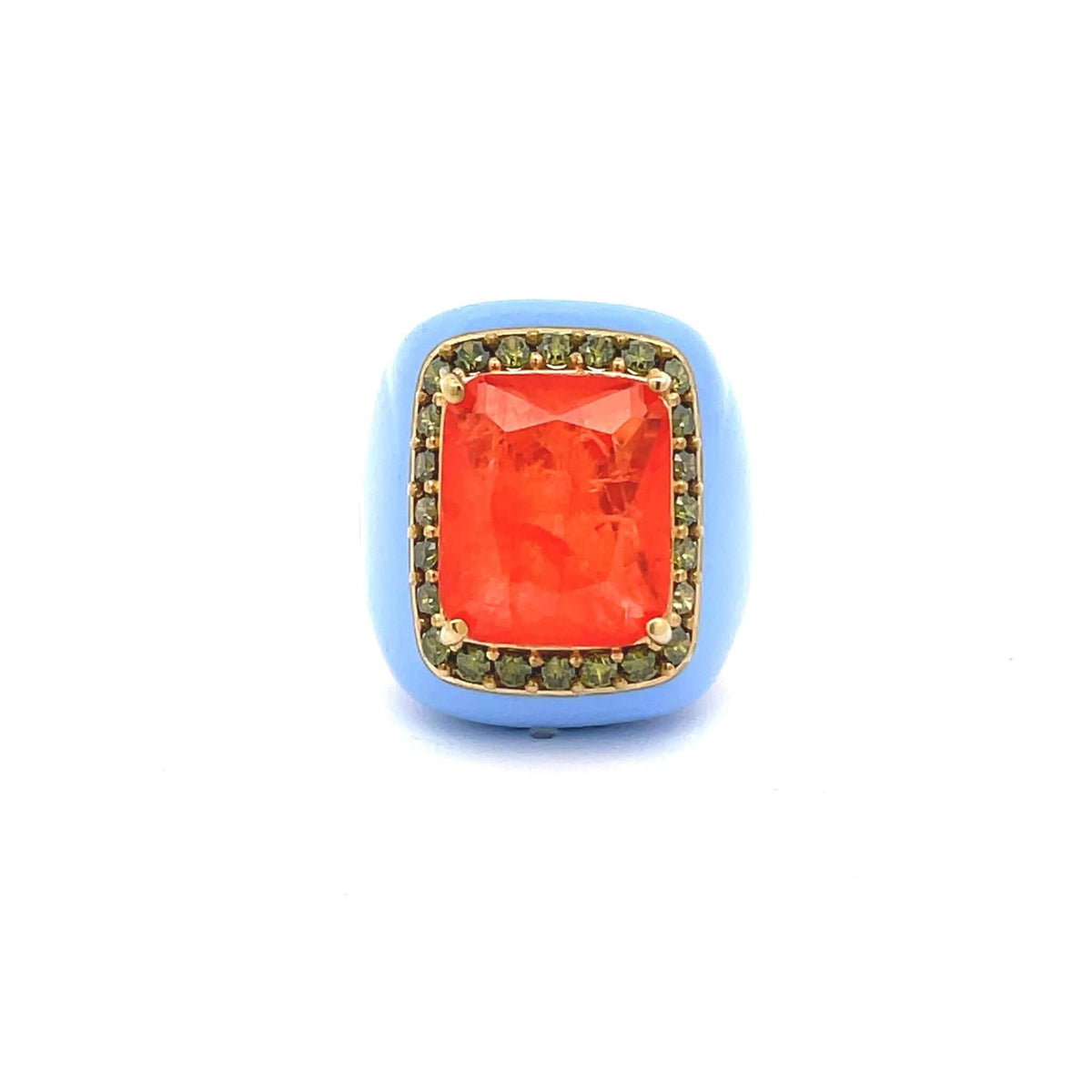 LAURIEN statement ring, light blue enamel band with orange-red center stone, top view