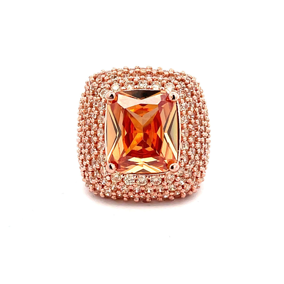 Top view of HAGAR champagne statement ring showing 18x12mm center champagne cubic zirconia center stone and and pavé surrounding stones in rose gold plated setting - HAGAR by Giadan for Le.Paul Jewelgarden