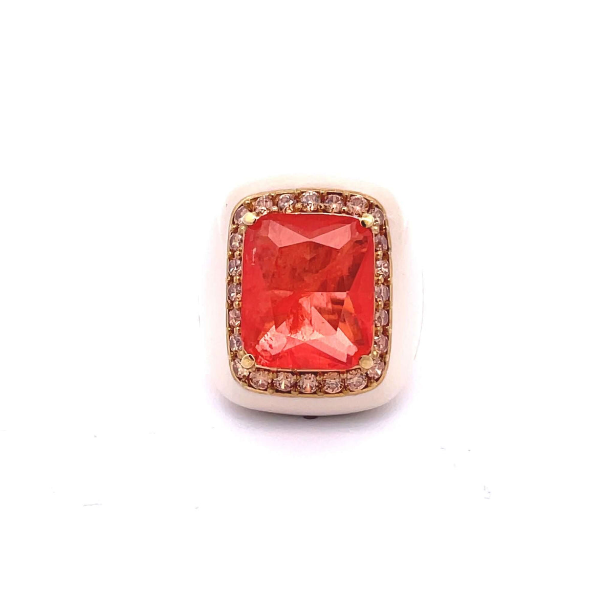 Yellow gold plated statement ring with light ivory enamel, orange doublette center stone and champagne pavé zirconias — HANNA by Giadan for Le.Paul Jewelgarden