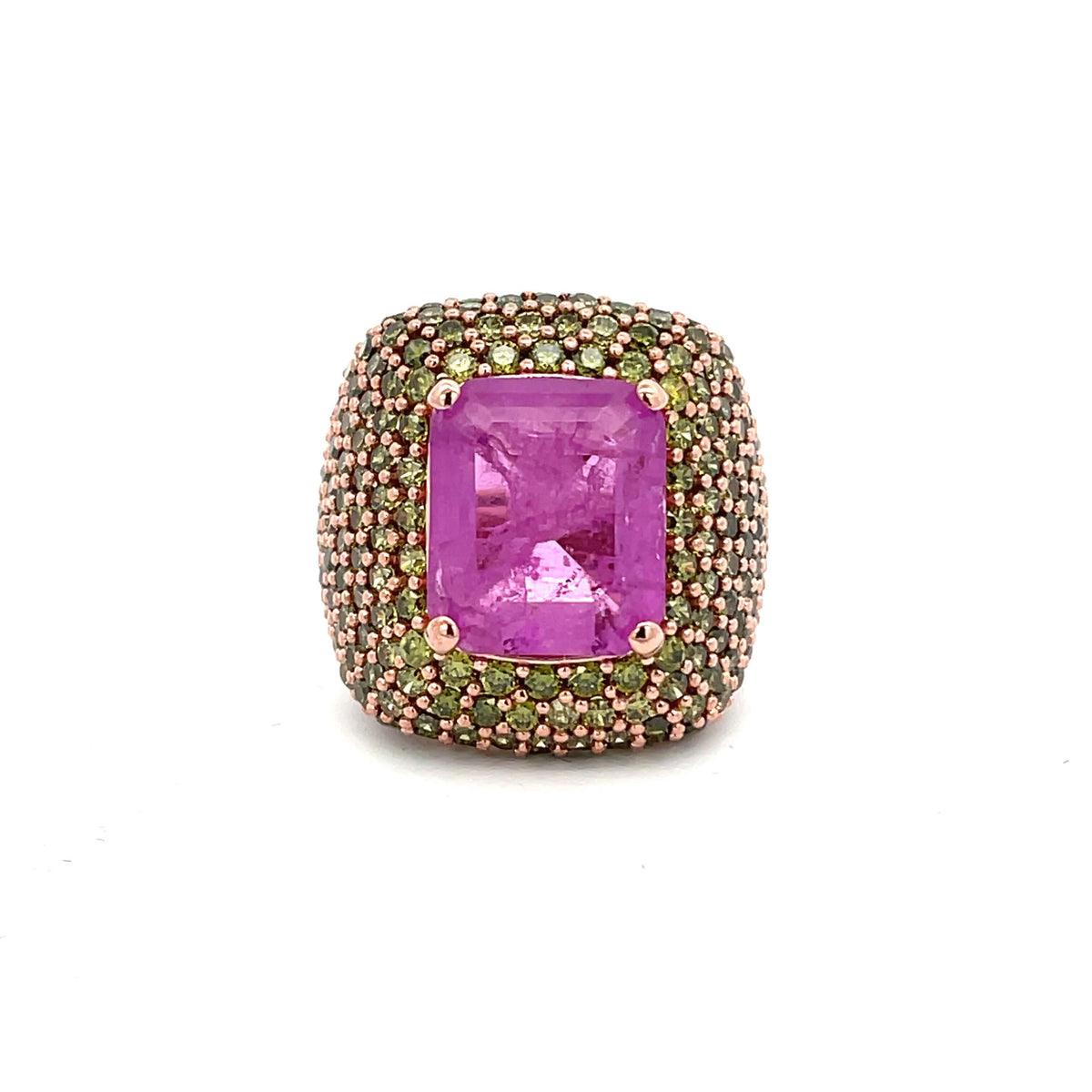 HARRY - A rose gold plated sterling silver ring with a large violette doublette center stone and peridot green cubic zirconia side stones.