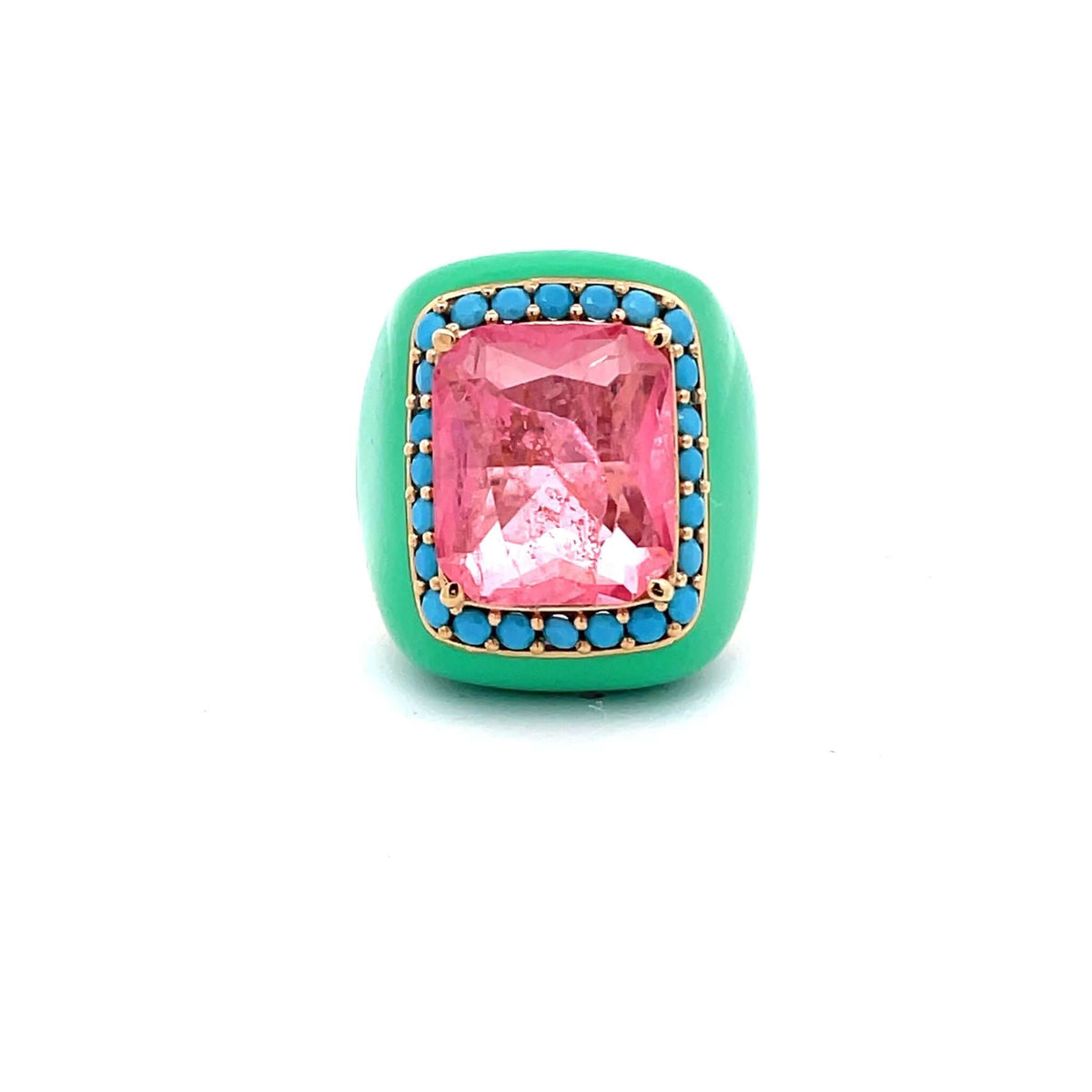 Yellow gold plated statement ring with mint green enamel, pink doublette center stone and turquoise blue pavé zirconias