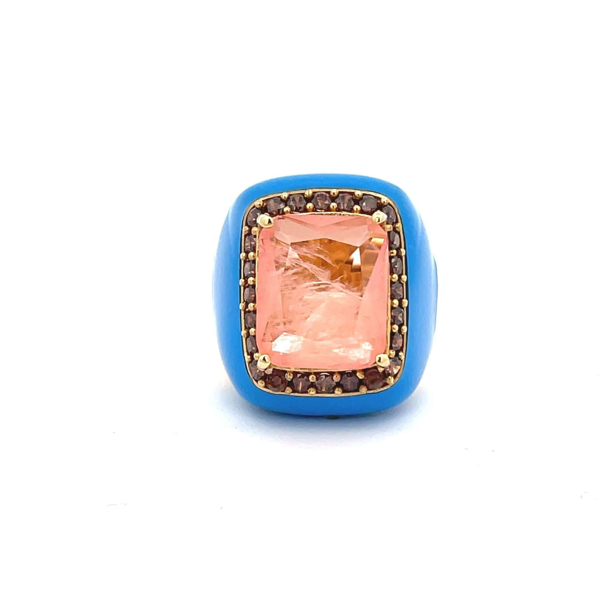 Sky blue, pink champgne and peridot green statement ring, top view