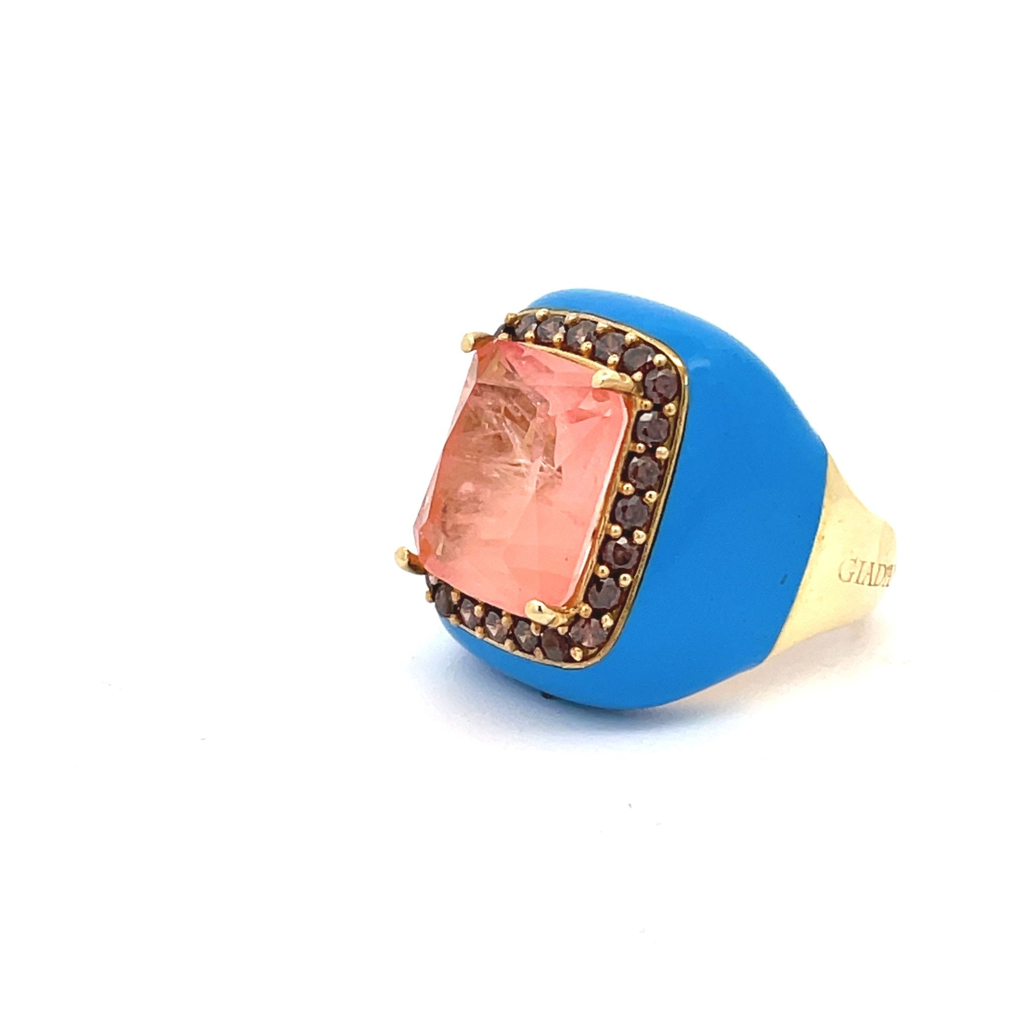 Sky blue, champagne pink and peridot green Statement ring, sideview.