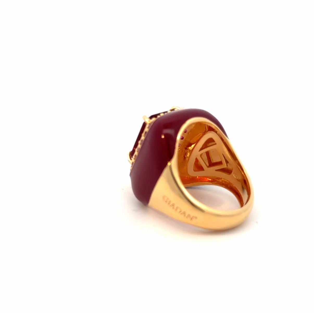 MARCHIEN statement ring, plum enamel band with deep red center stone and red zirconia halo, back view, gold plated