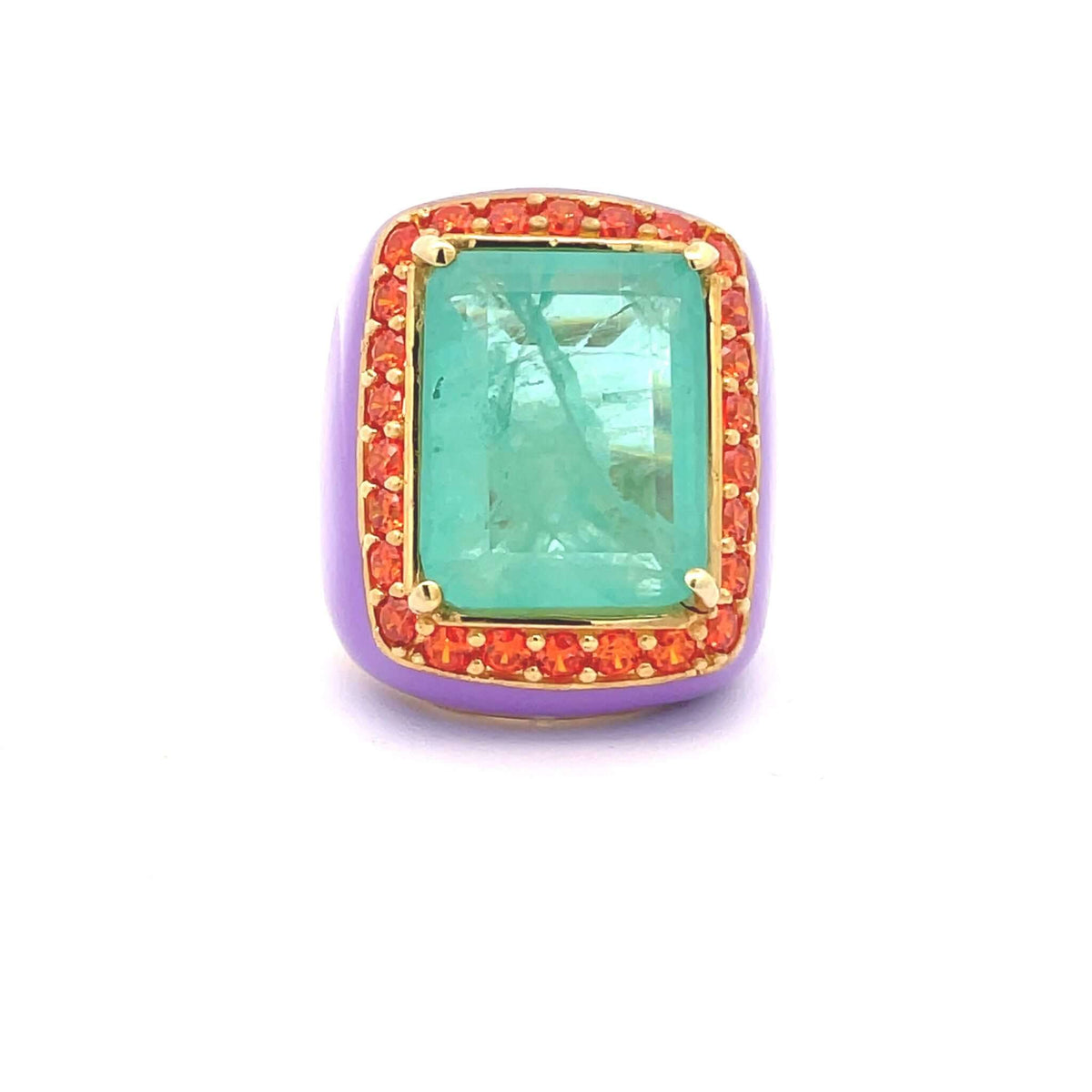 Topview of yellow gold plated oversized statement ring with lilac enamel, large aquamarine green zirconia center stone and orange zirconia halo — LOTTE by Giadan for Le.Paul Jewelgarden