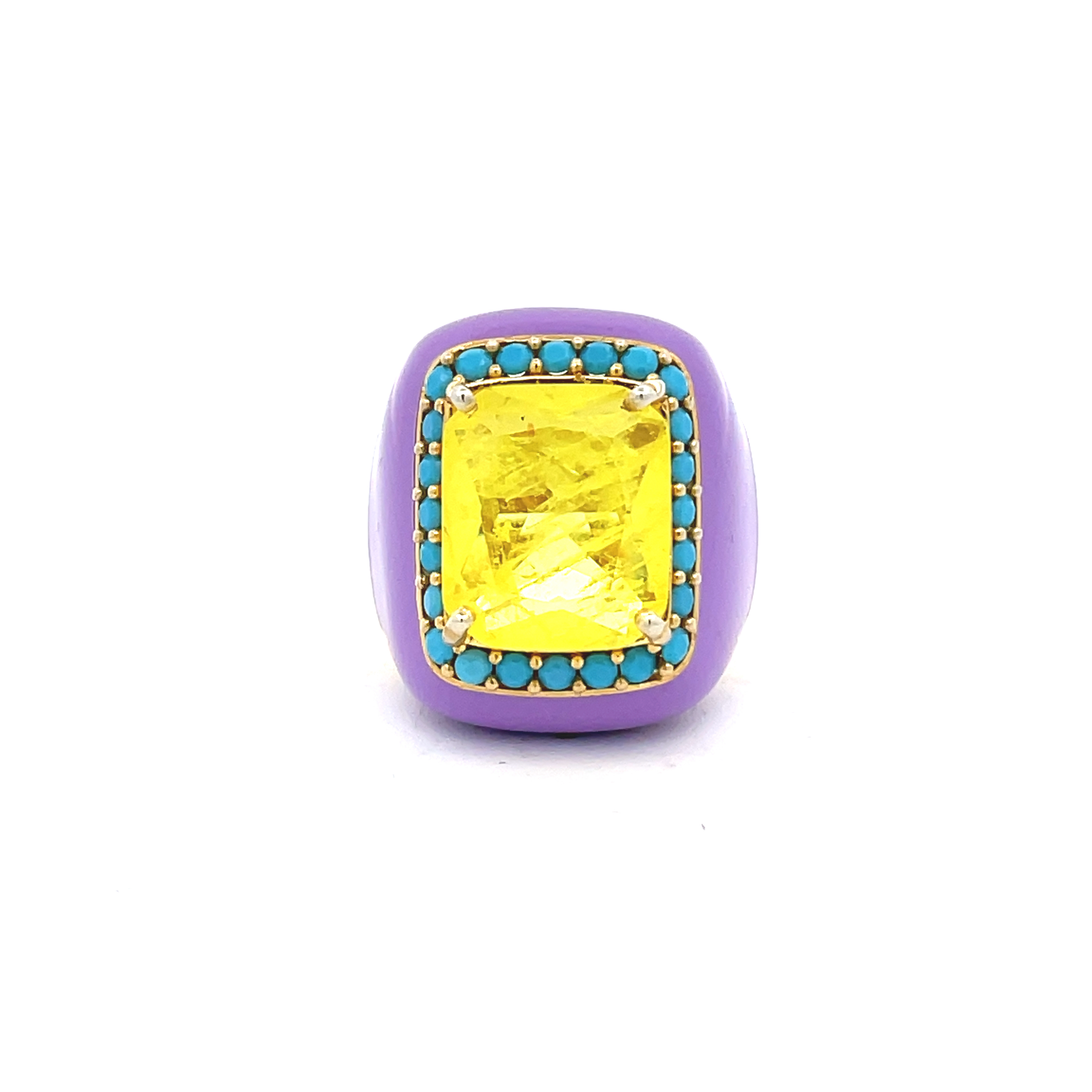 Yellow gold plated statement ring with lilac enamel, yellow doublette center stone and turquoise blue pavé zirconias viewed from top