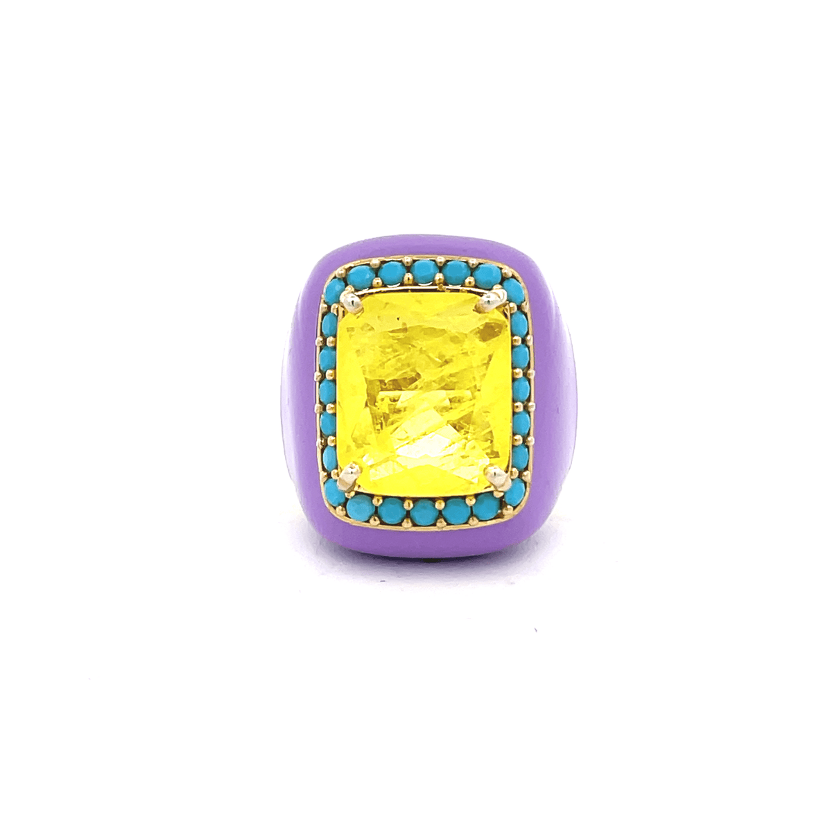 Yellow gold plated statement ring with lilac enamel, yellow doublette center stone and turquoise blue pavé zirconias viewed from top