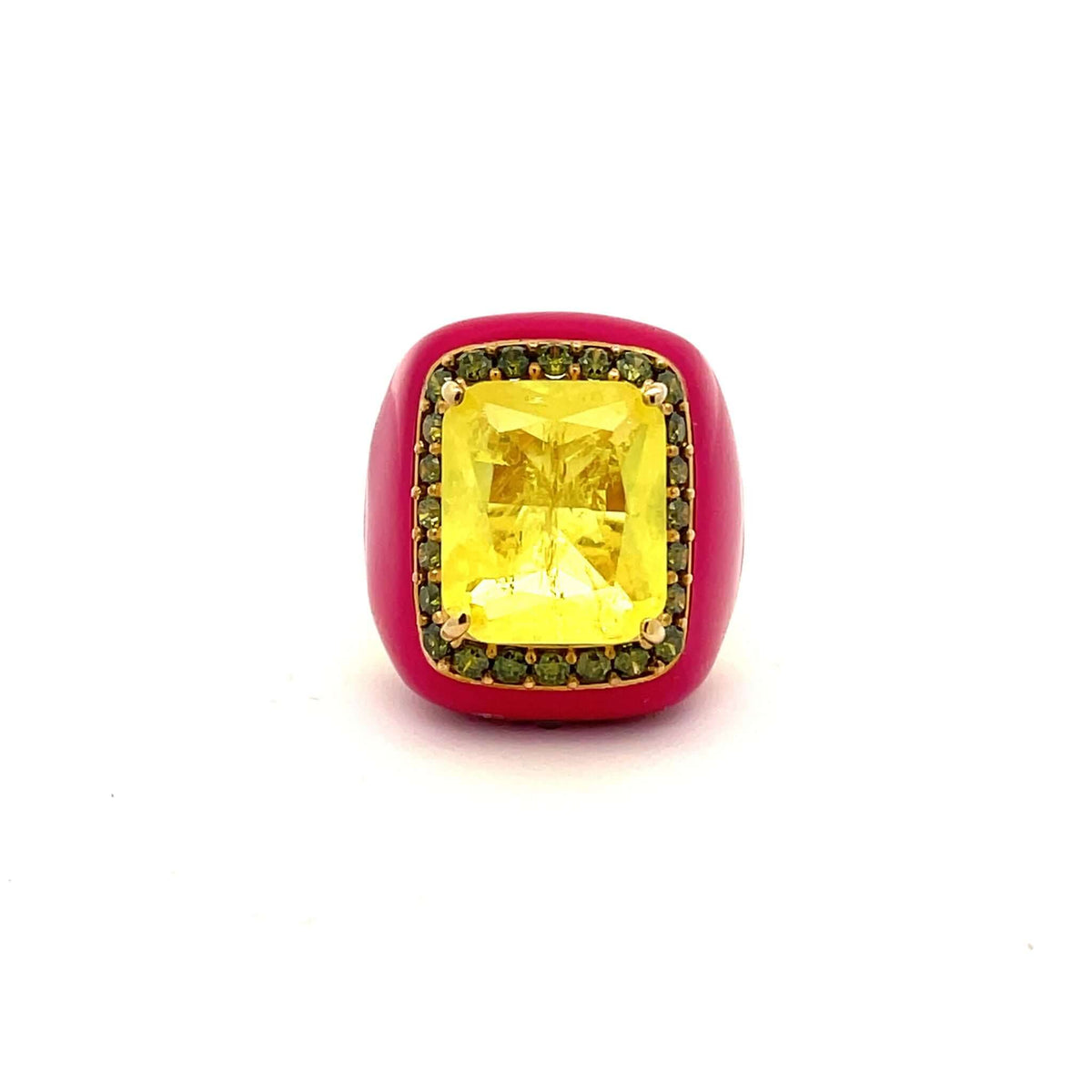 Fuchsia, yellow and peridot green statement ring seen from top
